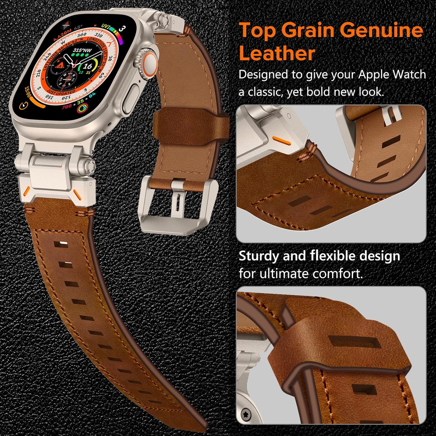 KADES Top Grain Genuine Leather Band for Apple Watch Ultra 3/2/1 49mm Men, Metal Connectors for Apple Watch Series 11/10/SE3/9/8/7/SE2/6/5/4/SE/3/2/1 46mm 45mm 44mm 42mm - Image 4