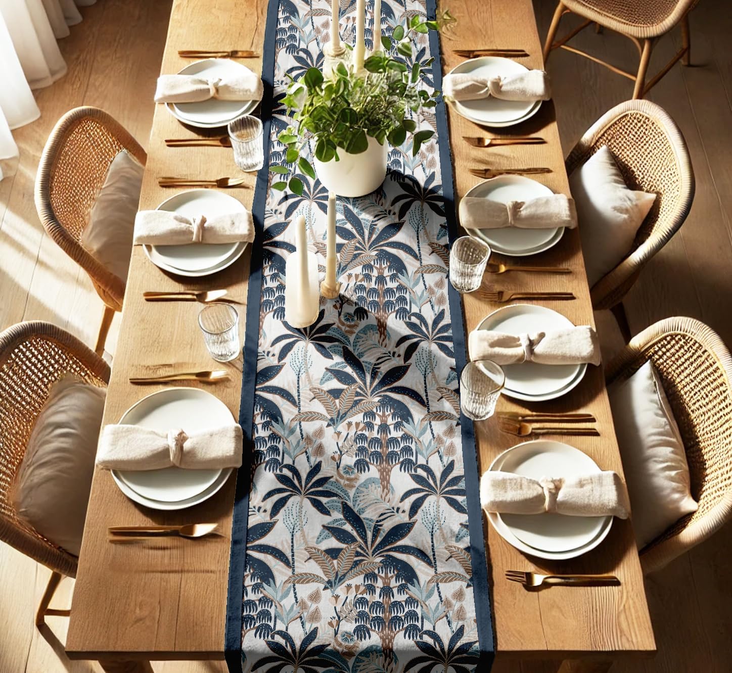 Double Layer Cotton Table Runner with Border - Tropical Print, Machine Washable - Dining Table Décor for Farmhouse & Modern Homes