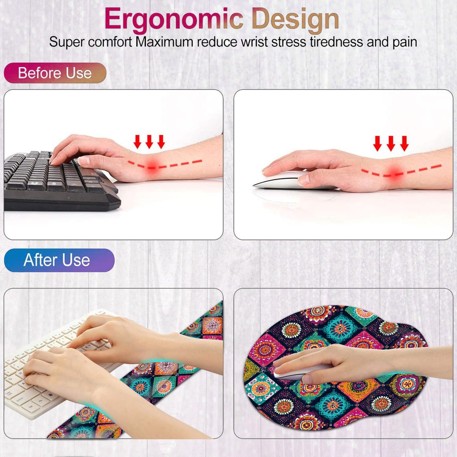 Repose-poignet pour clavier et souris avec dessous de verre - Base antidérapante en polyuréthane avec mousse à mémoire de forme ergonomique surélevée pour taper et soulager la douleur - Mandala floral