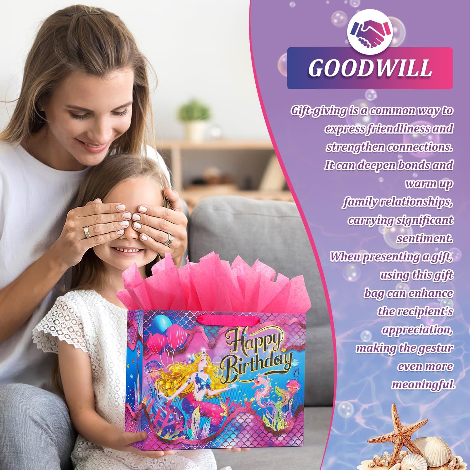 BeiLaad Mermaid Happy Birthday Gift Bag with Tissue Paper and Greeting Card, gift bags for Kids Girls Birthday, Party, Medium size - Image 7