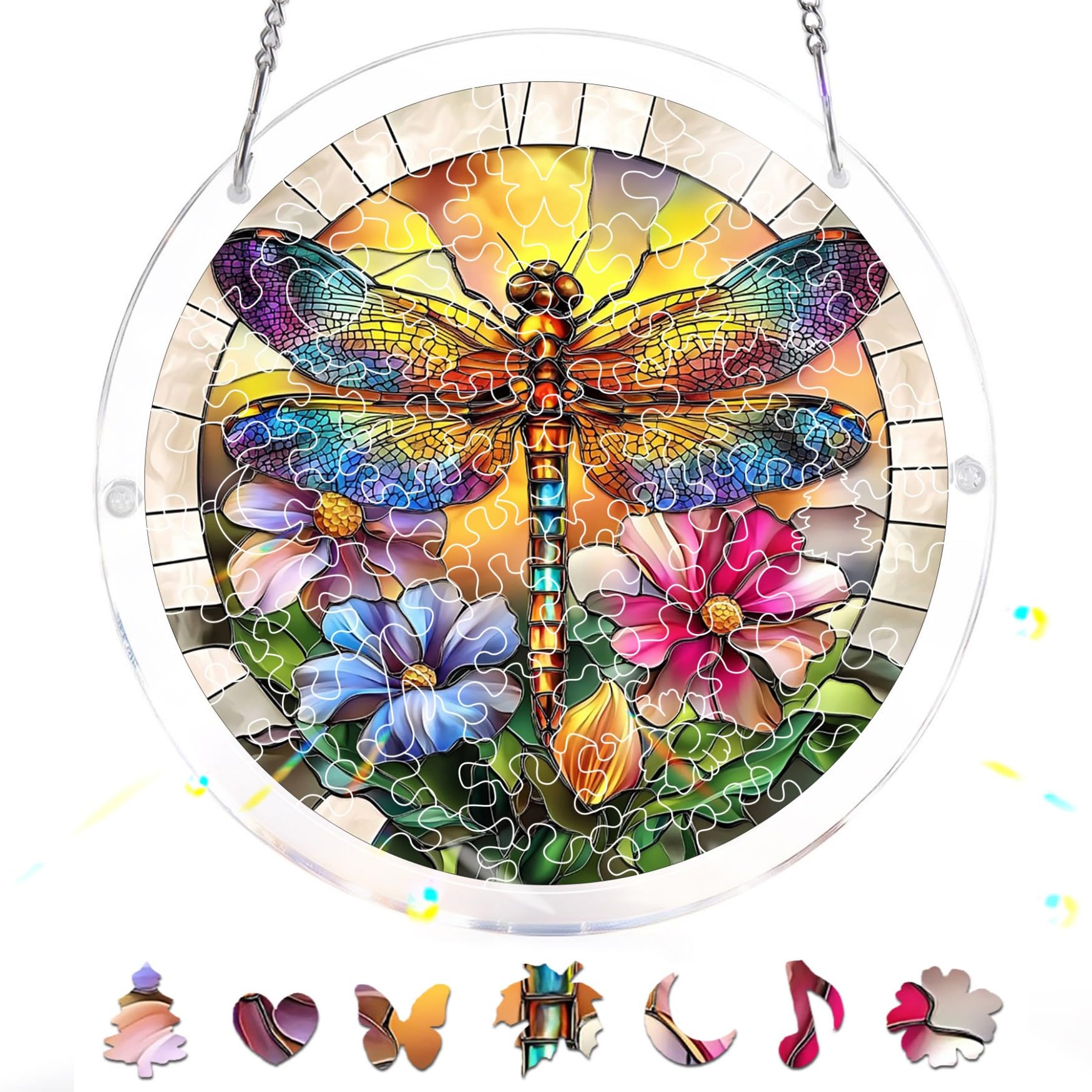 Zariocy Dragonfly Acrylic Jigsaw Puzzle Suncatcher - Stained Glass Window Hanging - Creative Home Decor - 83 Piece Puzzle & Pendant Combo - Ideal for Mom, Wife, Aunt Gift 18x18 cm-68