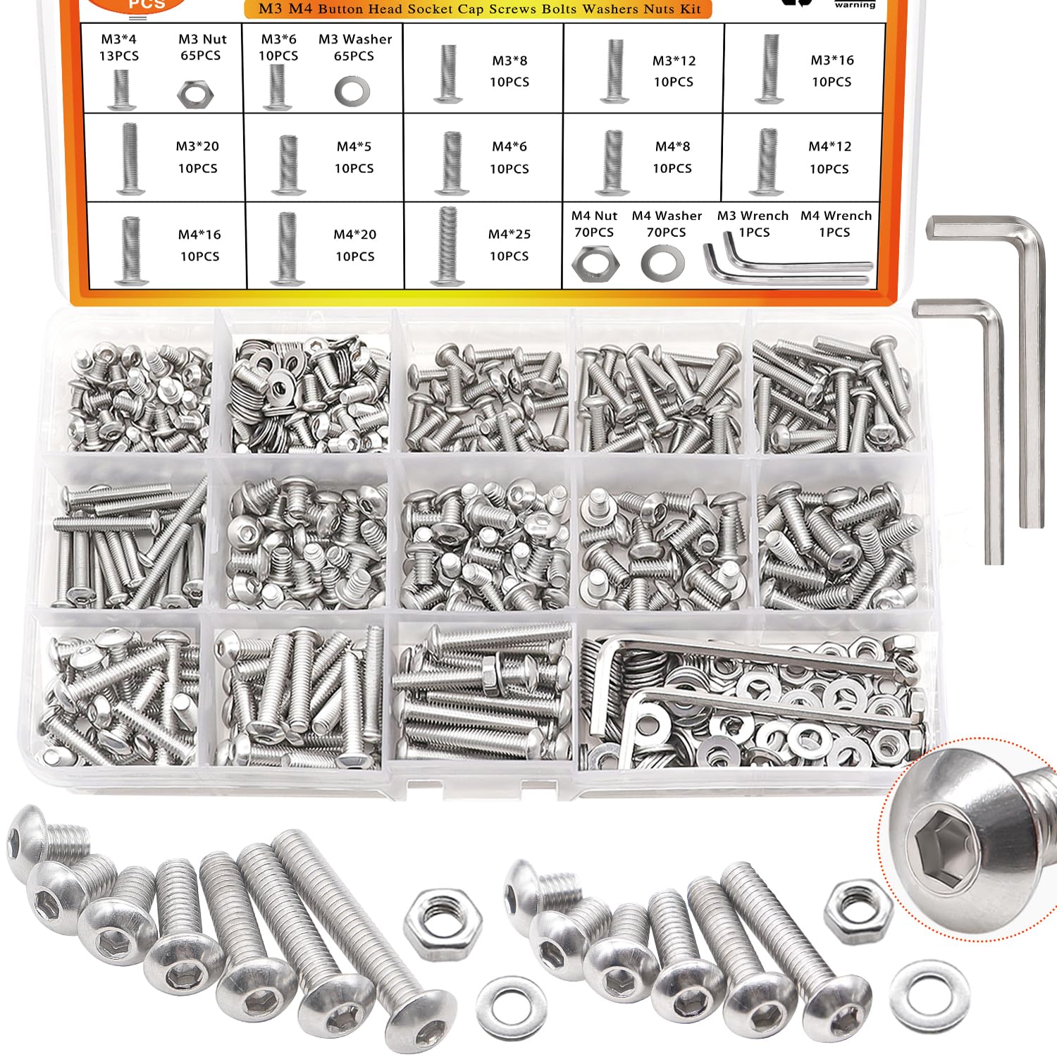 Taiss M3 M4 Screws Kit M3 M4 x 4mm/5mm/6mm/8mm/12mm/16mm/20mm/25mm 304 Stainless Steel Metric Screws Assortment Button Head Socket Cap Head Screws Bolts with Nuts/Washer/Wrenches 405PCS