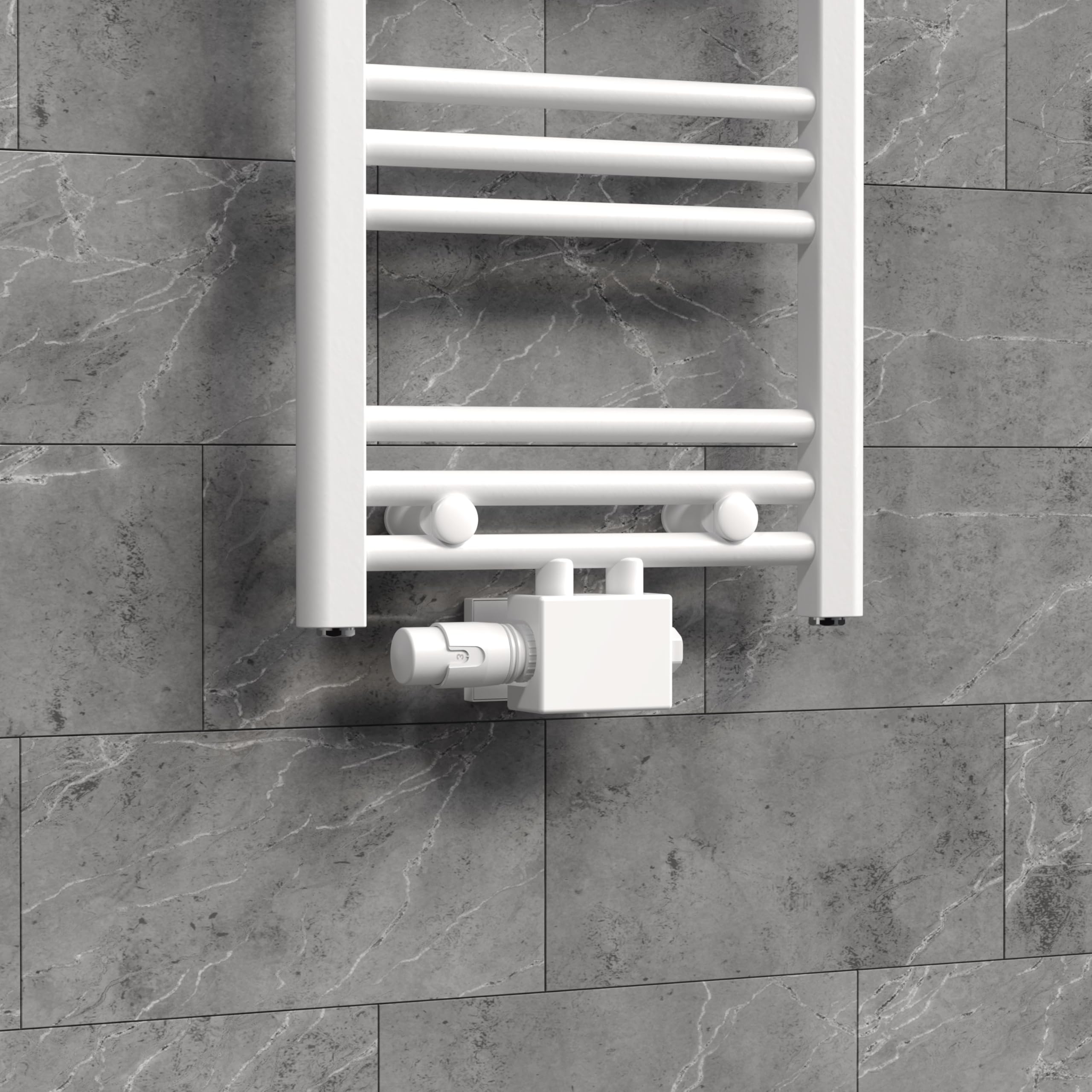 LuxeBath Juego de Grifería Multibloque Blanco Incluye Cabezal Termostático para Radiadores de Baño con Conexión Central Universal Cabezado Termostatico Adecuado para Tuberías de Suelo o Pared