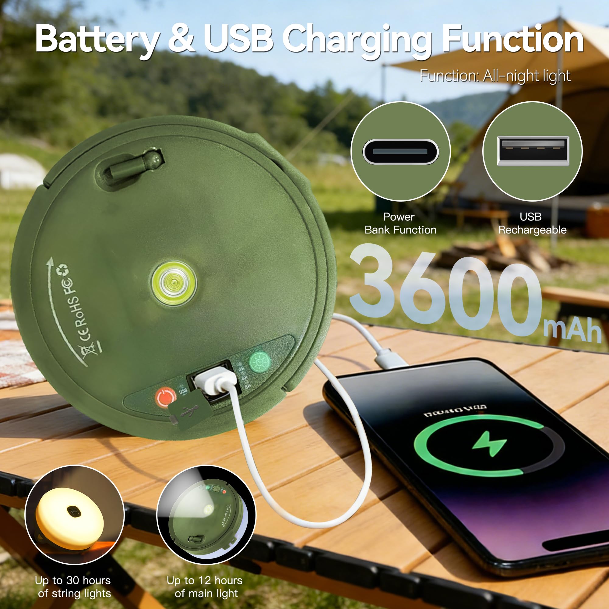 Guirlande lumineuse rétractable de 20 m, guirlande lumineuse RVB pour tente, rechargeable par USB-C, 15 modes d'éclairage, guirlande lumineuse d'ambiance à suspendre à l'extérieur, pour camping
