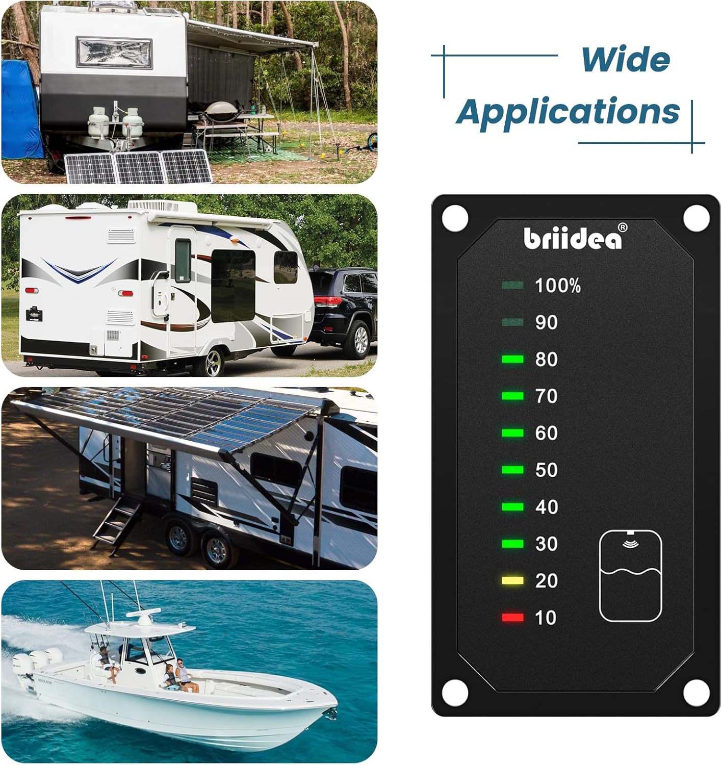 Collage of images showing the Briidea sensor panel used in various applications including RVs, camp어, 그리고 보트.