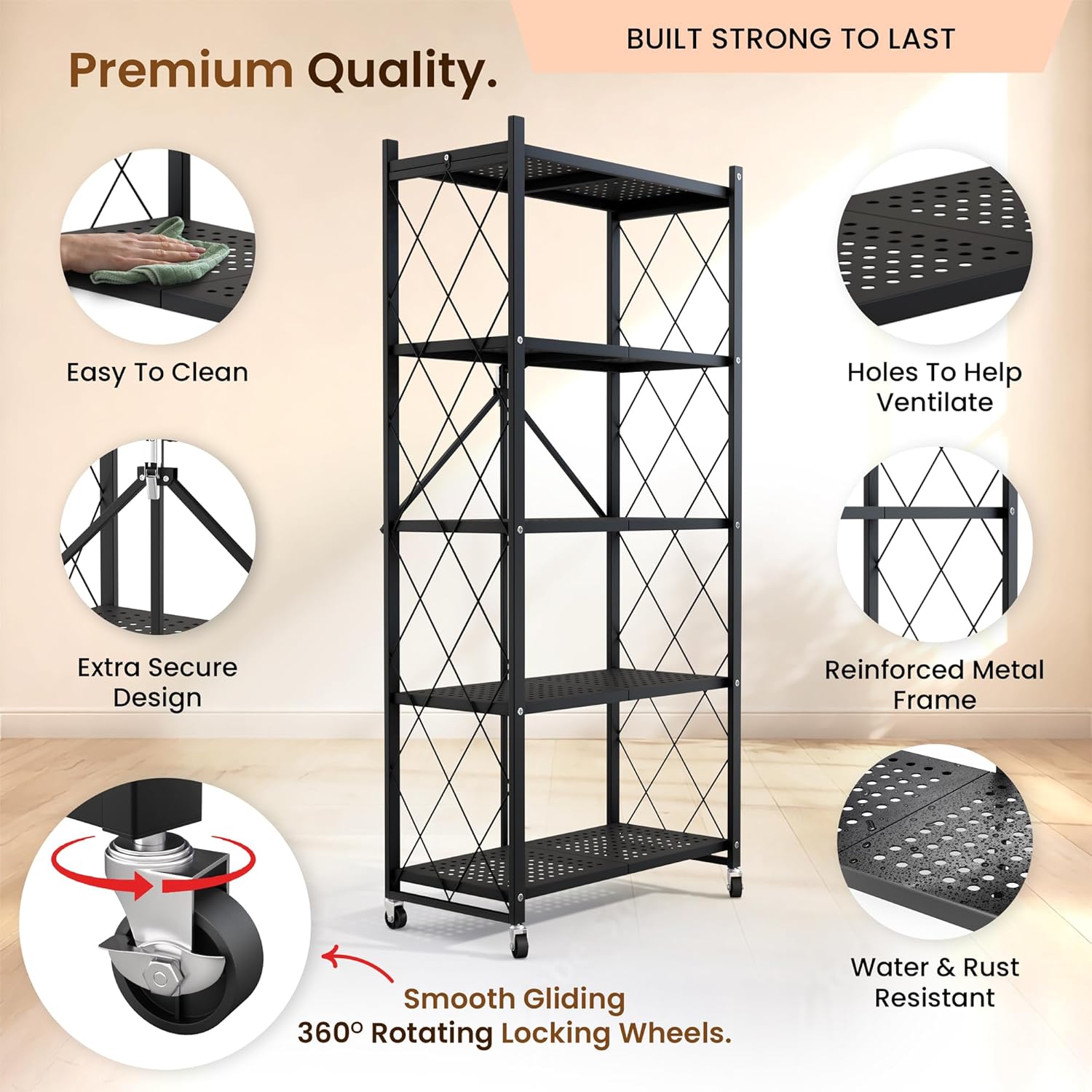5-Tier Foldable Storage Shelf with Wheels | Metal Rack Collapsible Shelving Display | Rolling Cart for Books Kitchen Storage Shelves | Pantry & Closet Organizer | Office Room Decor