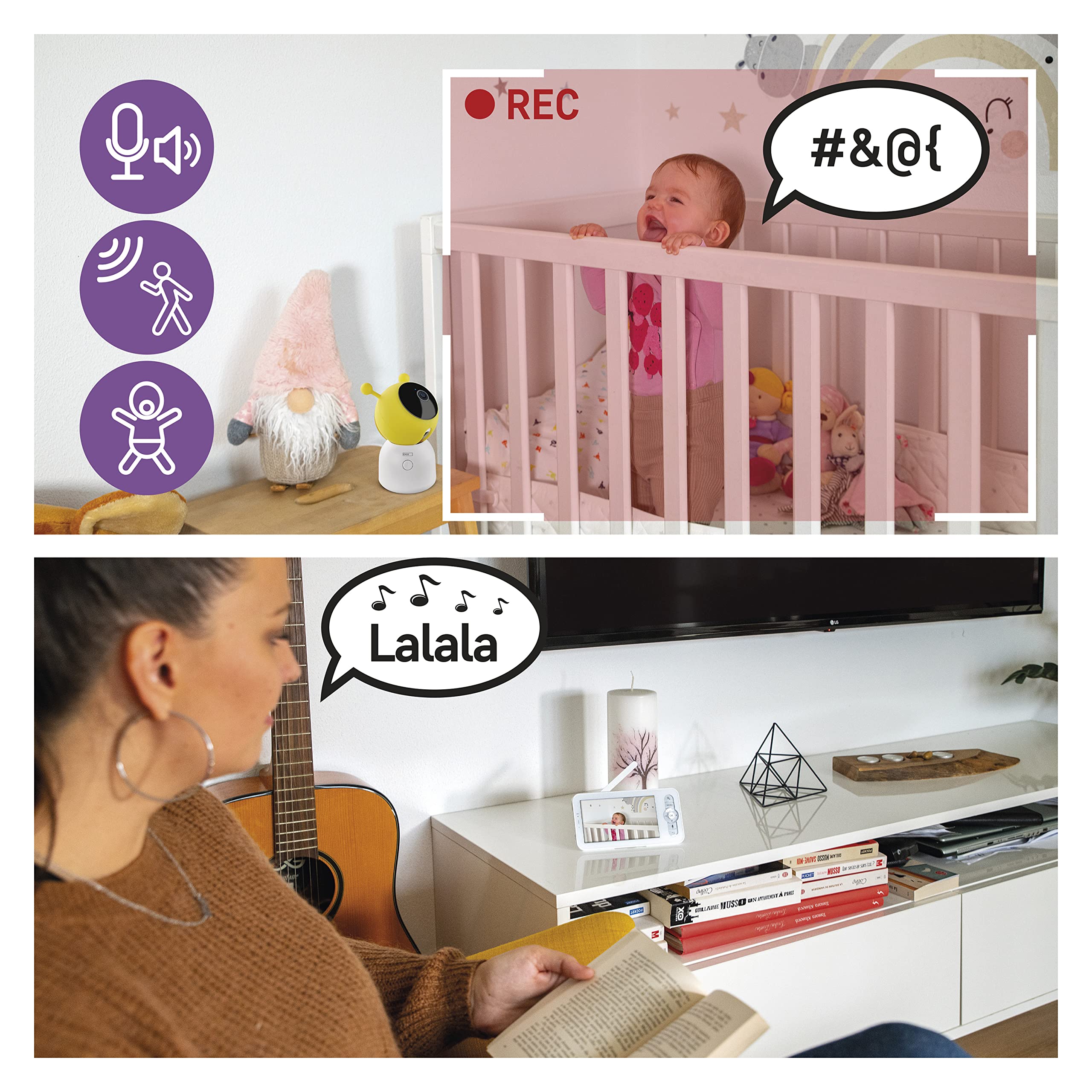 EMOS GoSmart Babyphone IP-500 Guard con monitor LCD da 5" e batteria da 3000 mAh, Wi-Fi e app, girevole, messa a fuoco, audio a 2 vie, visione notturna IR, sensore intelligente e funzioni di