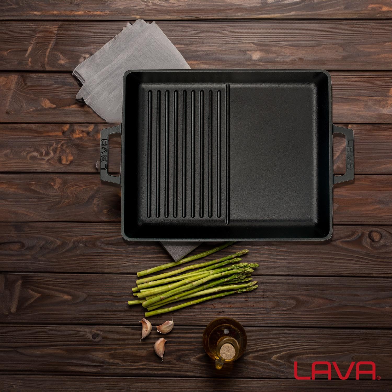 Lava Gusseisen-Doppelseiten-Grillpfanne 26x32 cm – emaillbeschichtet, vielseitig genutzt, herd- und ofenkompatibel