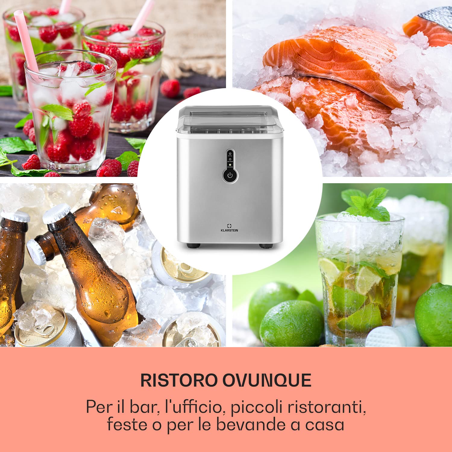 Klarstein Macchina Ghiaccio 1.5L, Macchina del Ghiaccio Professionale, Fabbricatore Secco Alimentare 12kg, Cubetti di Grandi Dimensioni, Casa Autopulente per Cocktail
