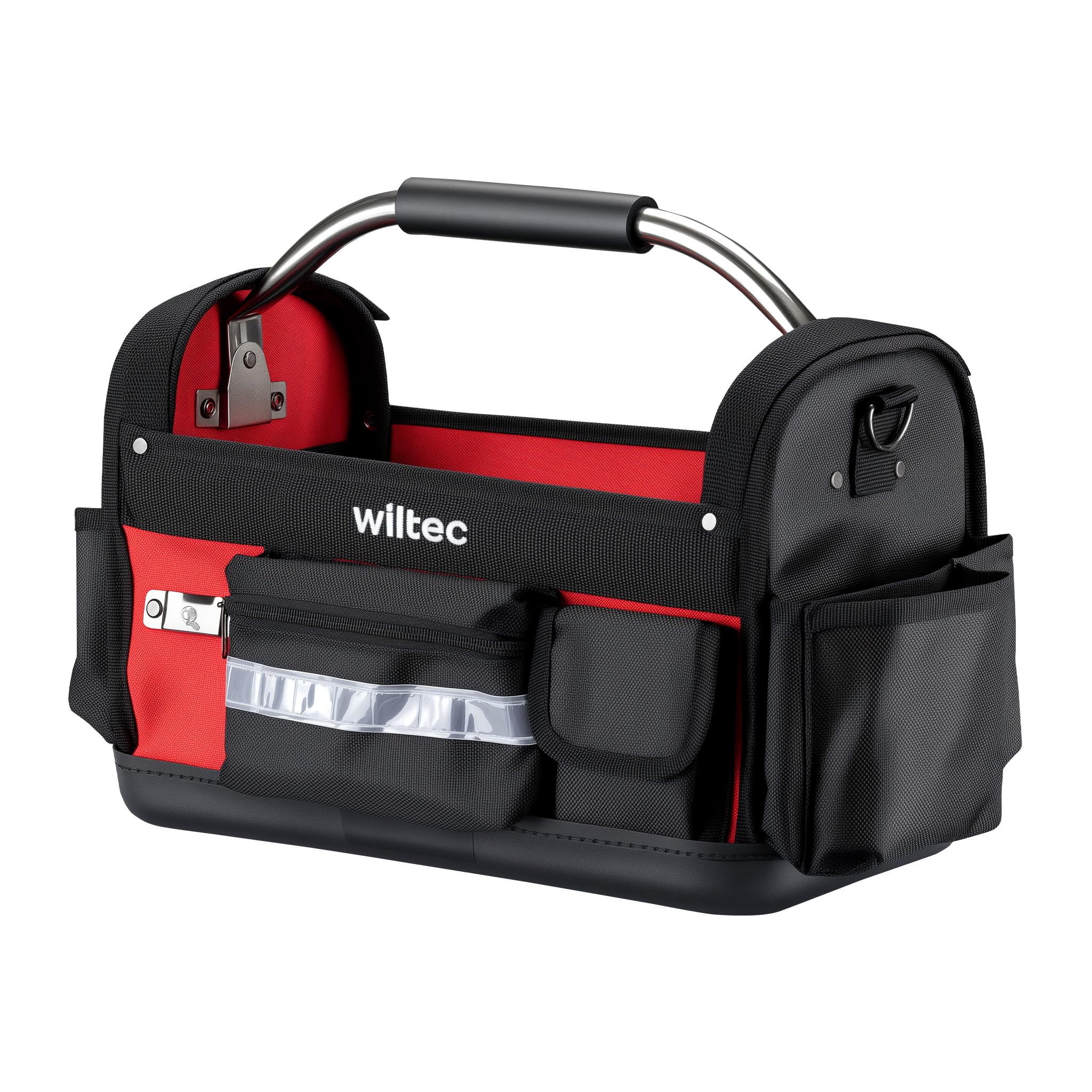 Wiltec Red, Black Tool Bag With 29 Practical Pockets, 30 Kg Capacity, Organiser Bag For Carpenters, Electricians, Mechanics And Diy Enthusiasts, Multiple Pouches, Shoulder Strap And Handle For Easy Portability