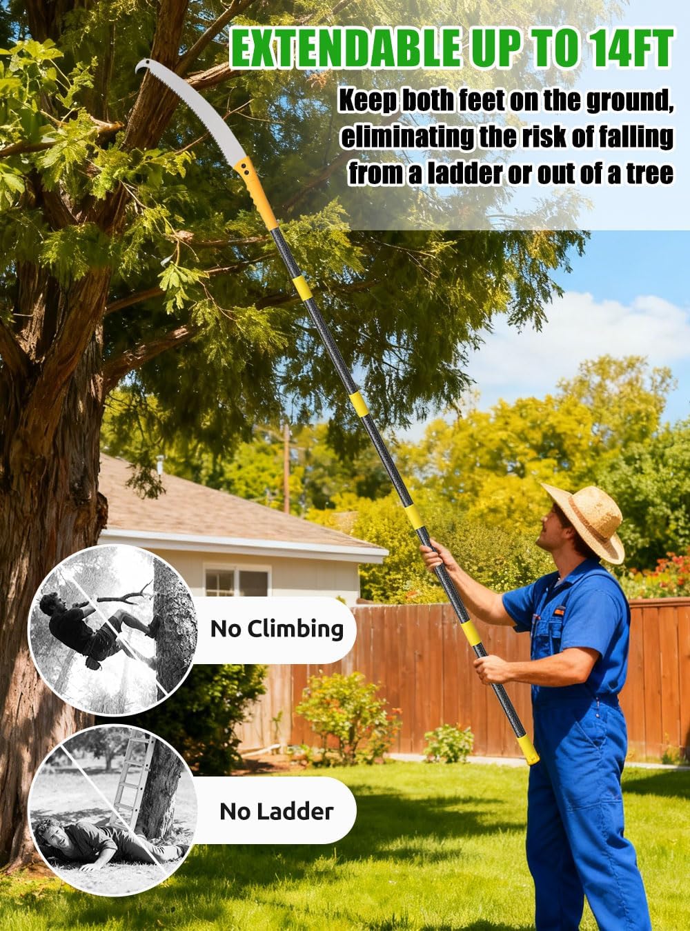 14FT Pole Saws for Tree Trimming: 2-in-1 Pole Saw With with Adjustable Length & Steel Blade Lightweight Manual Pruning Tool for Forestry Yard Garden Patio