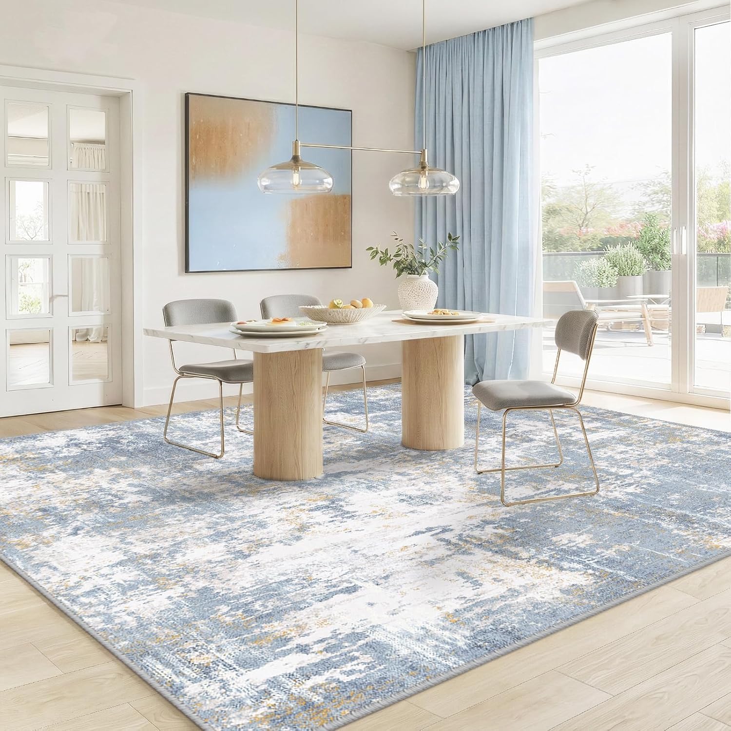Tappeto Decorazioni interni Grande Salotto Soggiorno, Lavabile,Personalizzato,astratta moderna blu, bianca e gialla, 200 x 290 cm
