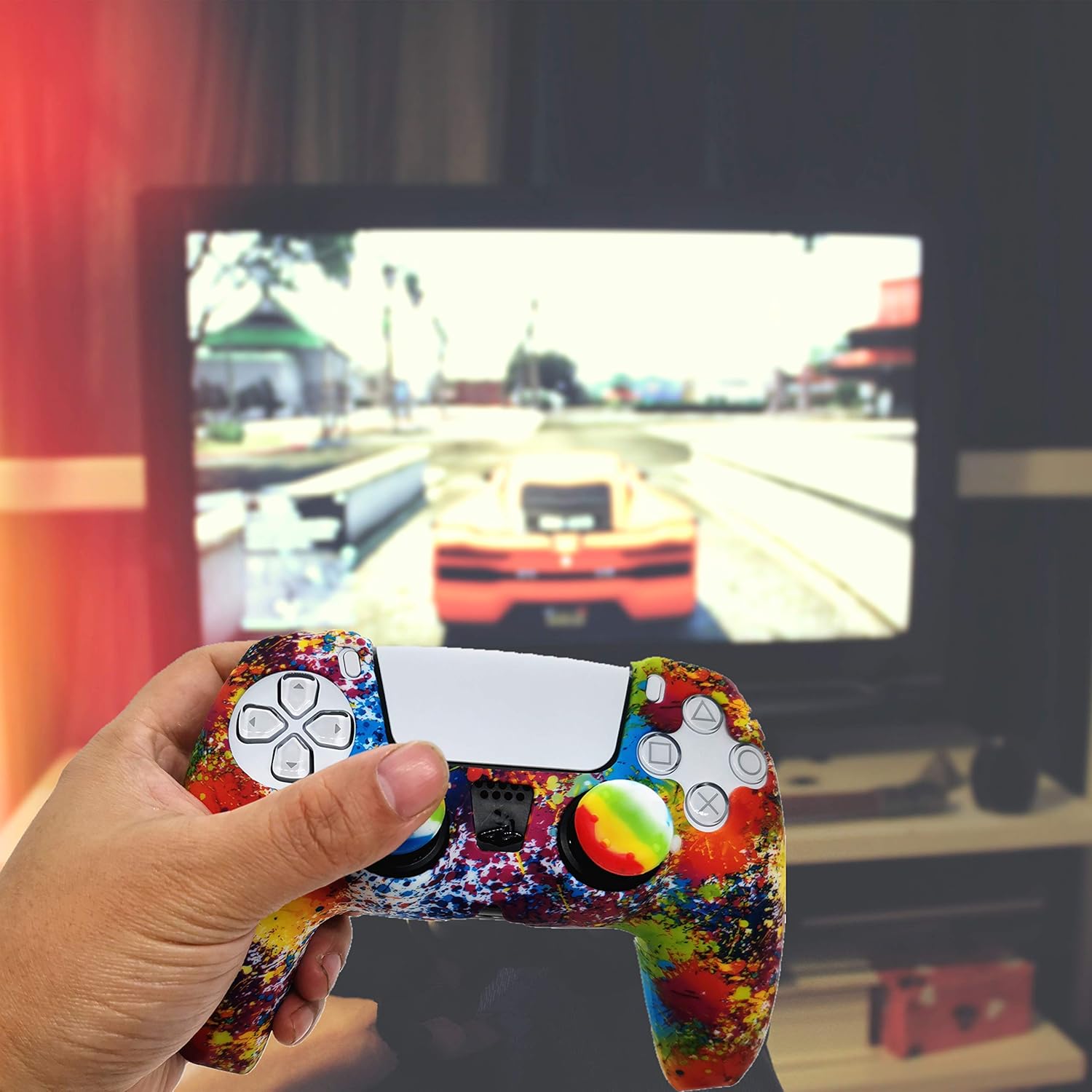 Skin for PS5 Controller Grips, Silicone Case Cover for PlayStation 5 Anti-Slip Protector with 10pcs Thumb Joysticks Caps (Splashing Graffiti) - Image 6