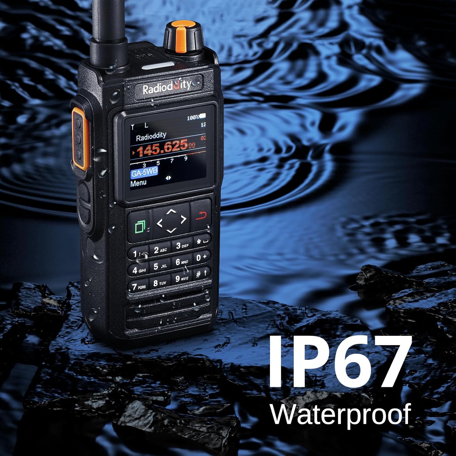 Radioddity GA-5WB radio partially submerged in water, demonstrating its IP67 waterproof rating.