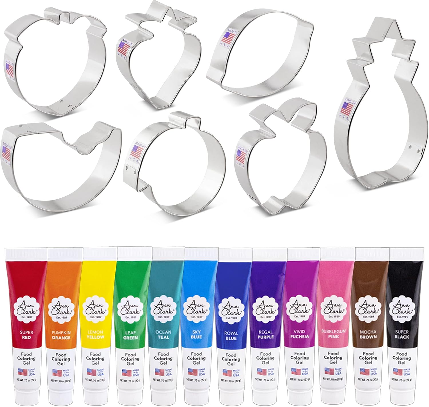 Ann Clark Cookie Cutters Fruit Cookie Cutter 7 Piece Set with Premium Food Coloring Gel 12 Pack, Non-GMO Made in the USA