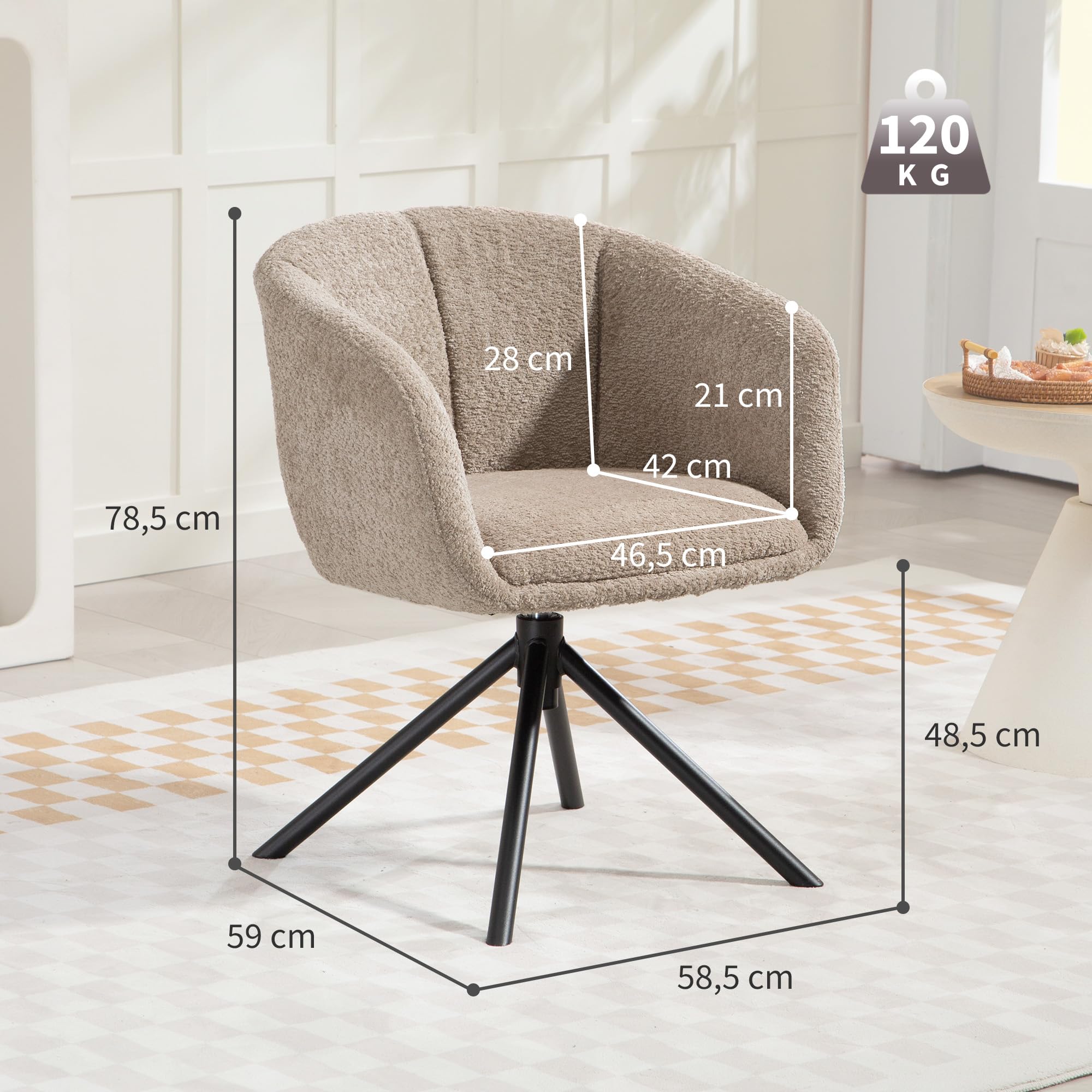 HOMCOM Sessel Wohnzimmer drehbar Loungesessel Relaxsessel mit Metallbeine Lesesessel mit Leinenoptik, Polstersessel für Schlafzimmer Hellbraun