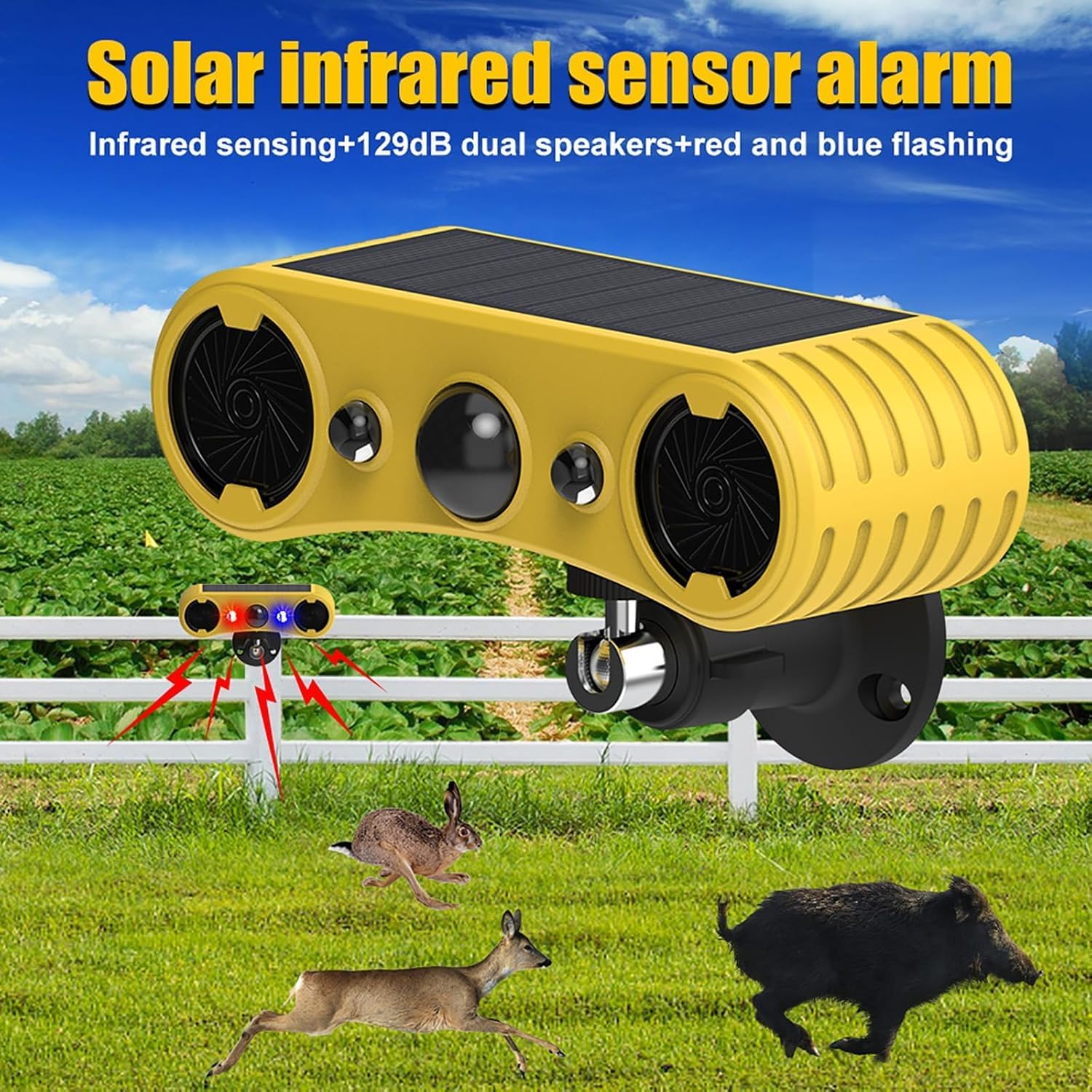 Alarma solar con sensor de movimiento – 13 sonidos, alarma de doble altavoz de 129 dB + LED rojo y azul parpadeante advertencia para patio, granja, jardín, huerto, granero (paquete de 2)