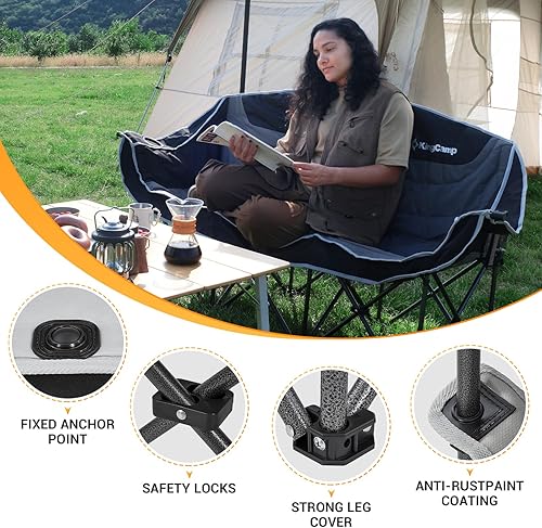 Miniatura 5 de KingCamp Silla de campamento para 3 personas, sofá biplaza resistente de gran tamaño de 660 libras para adultos, portátil, plegable, XL, sofá para 2