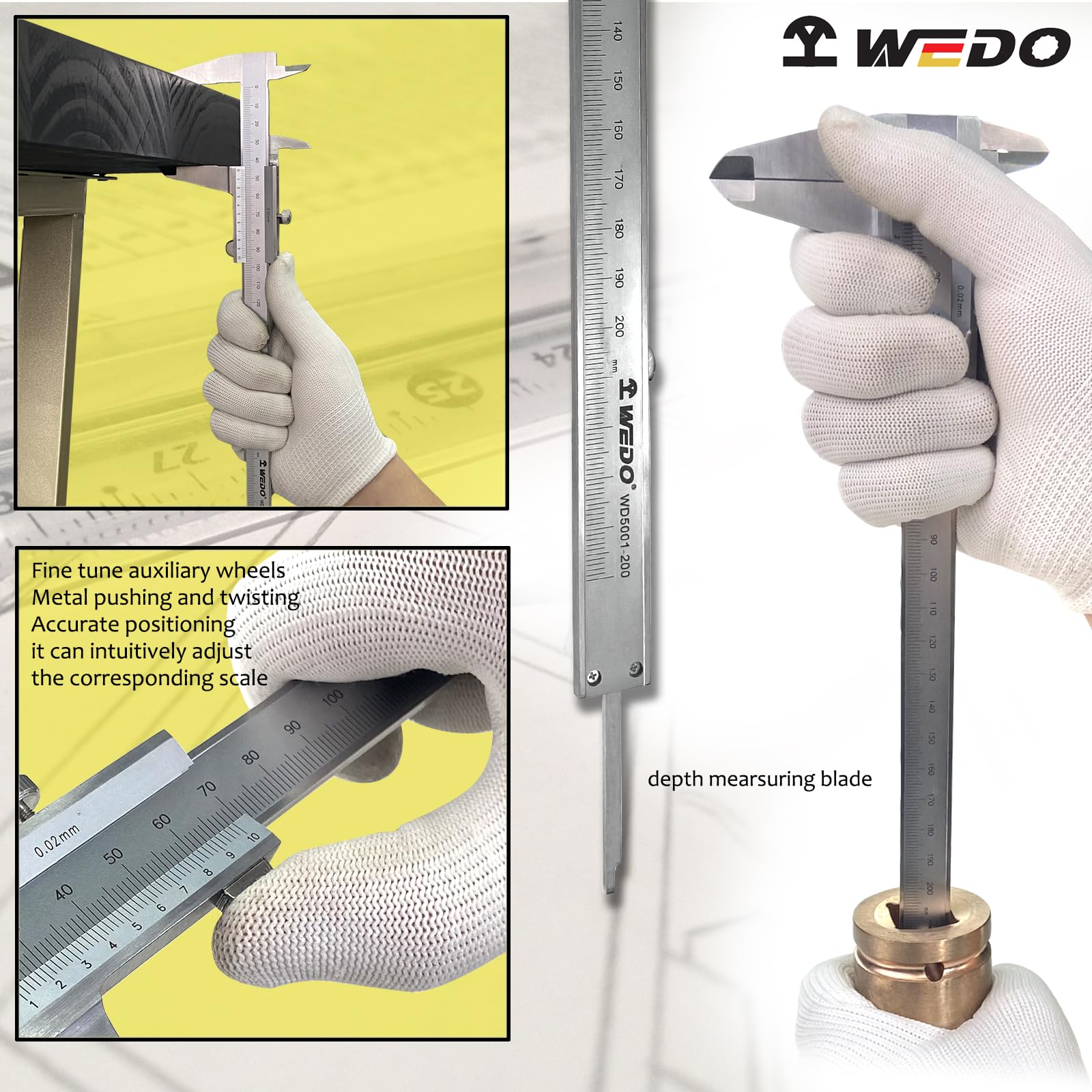 WEDO Calibrador, herramienta de medición de calibradores de 0 a 200 mm, herramienta de medición de conversión de pulgadas y milímetros, acero inoxidable, perfecto para medición doméstica/bricolaje