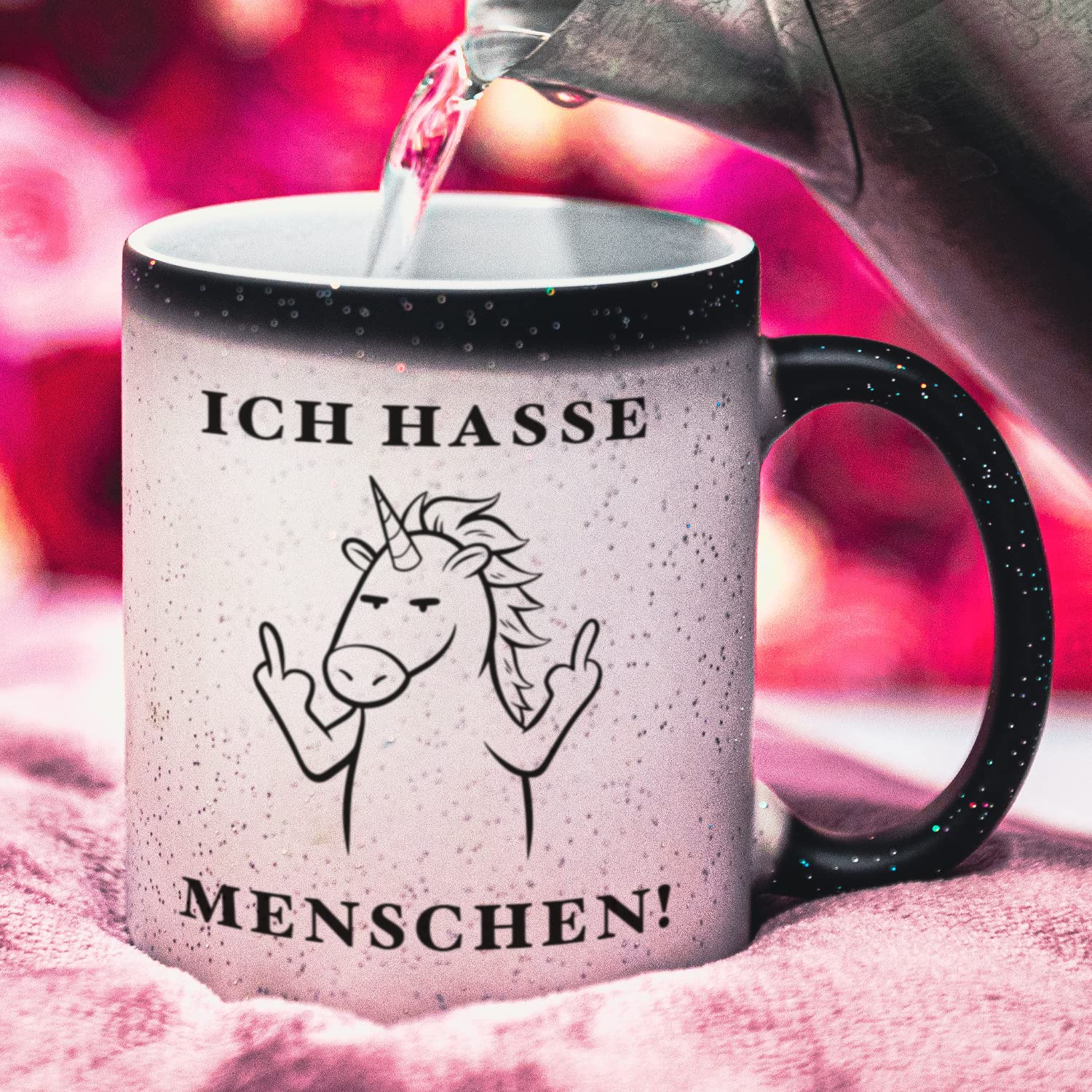 Glitzer Tasse „Ich Hasse Menschen“ Mit Thermoeffekt – 330 Ml, Doppelseitig Bedruckt, Lustiges Geschenk