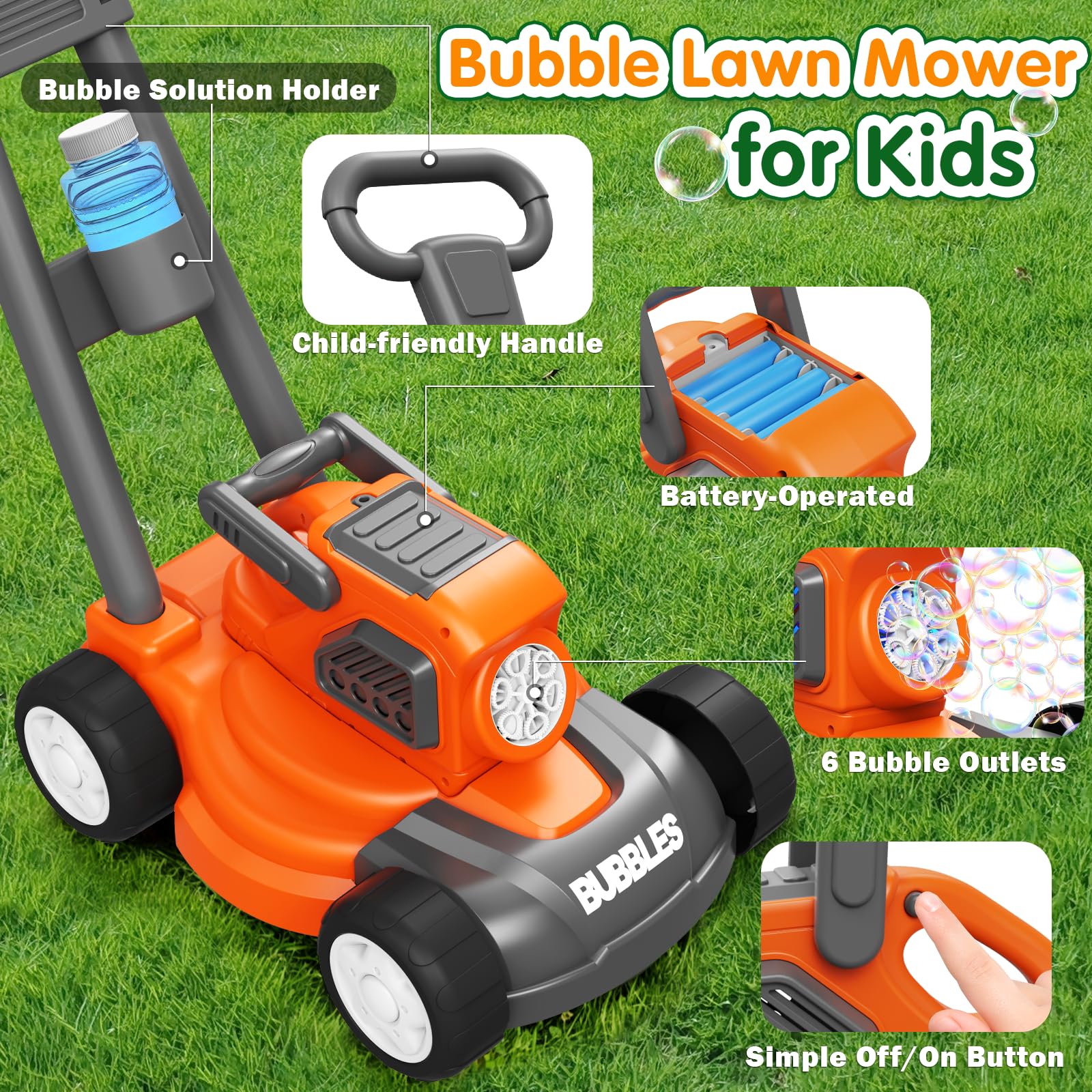 Tosaerba Spara Bolle per Bambini, Macchina per Bolle 3-in-1 con 10 Soluzioni, Giochi all'Aperto per Bambini 3-8 Anni, Regalo di Compleanno Pasqua Estate per Ragazzi e Ragazze 3 4 5 6 7 8 Anni