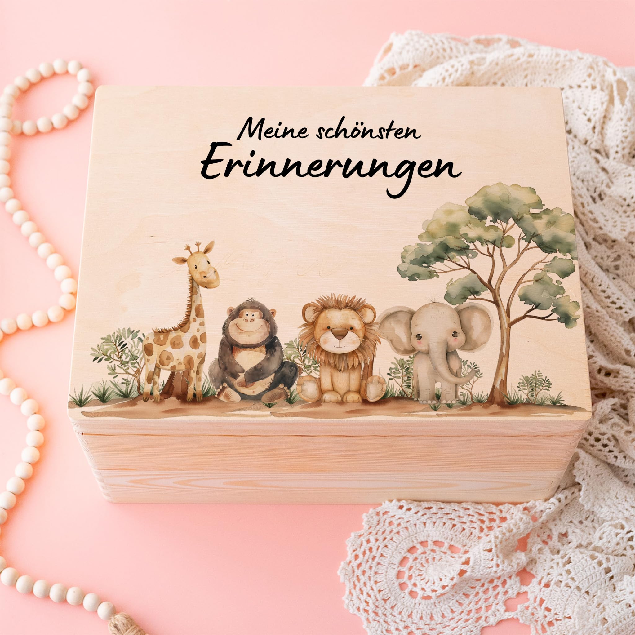 Bärenfreunde - TOP Personalisierte Erinnerungsbox Baby - Individuelle Babies Erstausstattung - Erinnerungskiste aus Holz - Geschenk zur Geburt als Taufgeschenk, Safari ohne Name