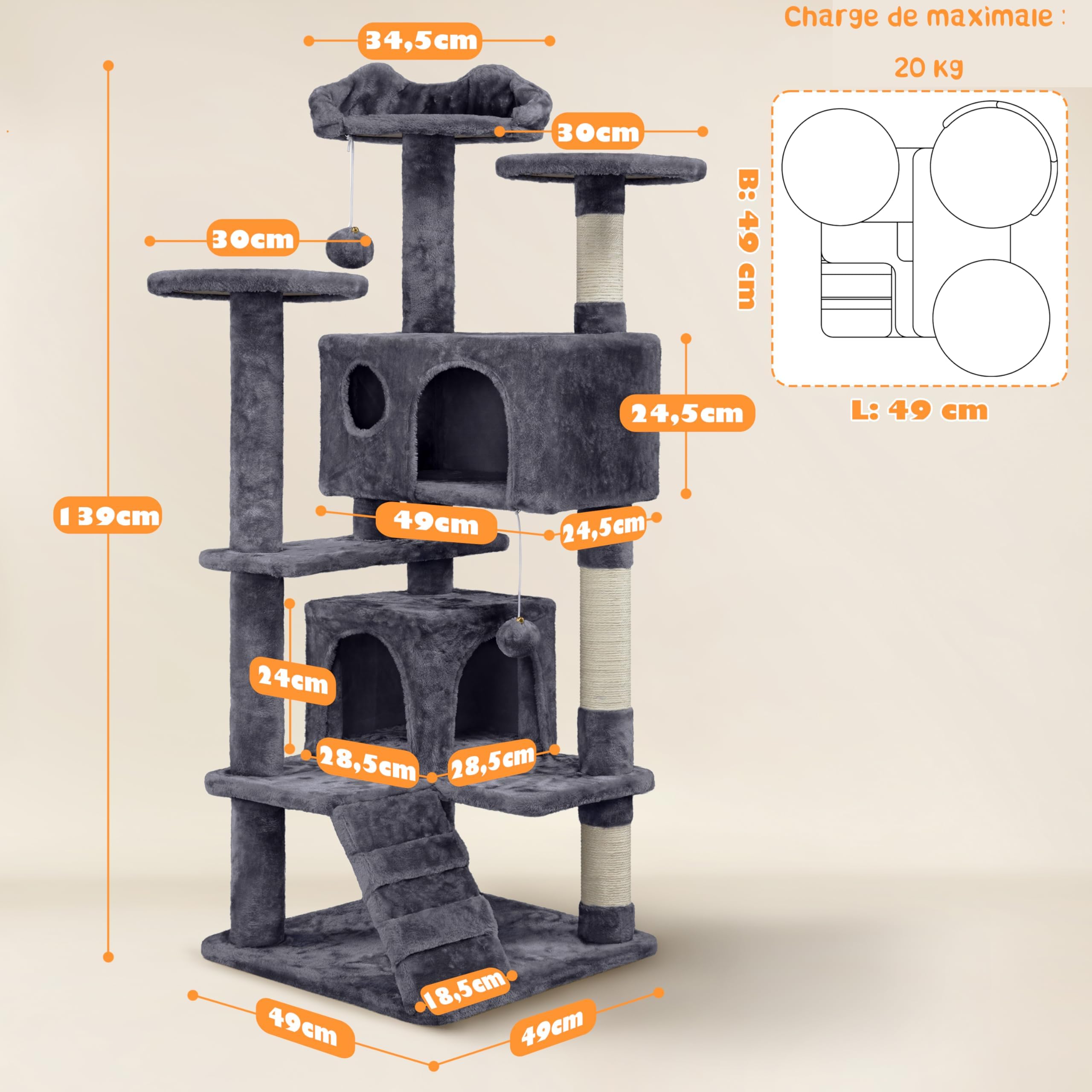 Yaheetech Arbre à Chat 139 cm, Arbre à Grimper avec 2 Niches 3 Plateformes 2 Boules en Sisal Multi-Niveaux Idéal pour 3-4 Chats, Gris Foncé