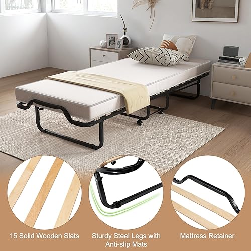 Miniatura 4 de Giantex Cama plegable con colchón, marco de cama tamaño cuna de 75 x 31 pulgadas, camas enrollables con colchones para adultos, espuma
