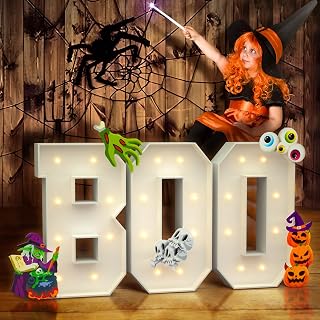 imprsv 2.25 FT Halloween Decorations, White Halloween Lights Up Letters Boo for Halloween Party Decoration, Halloween Lights Backdrop Indoor, Scary Cute Spooky Halloween Decor with Halloween Stickers