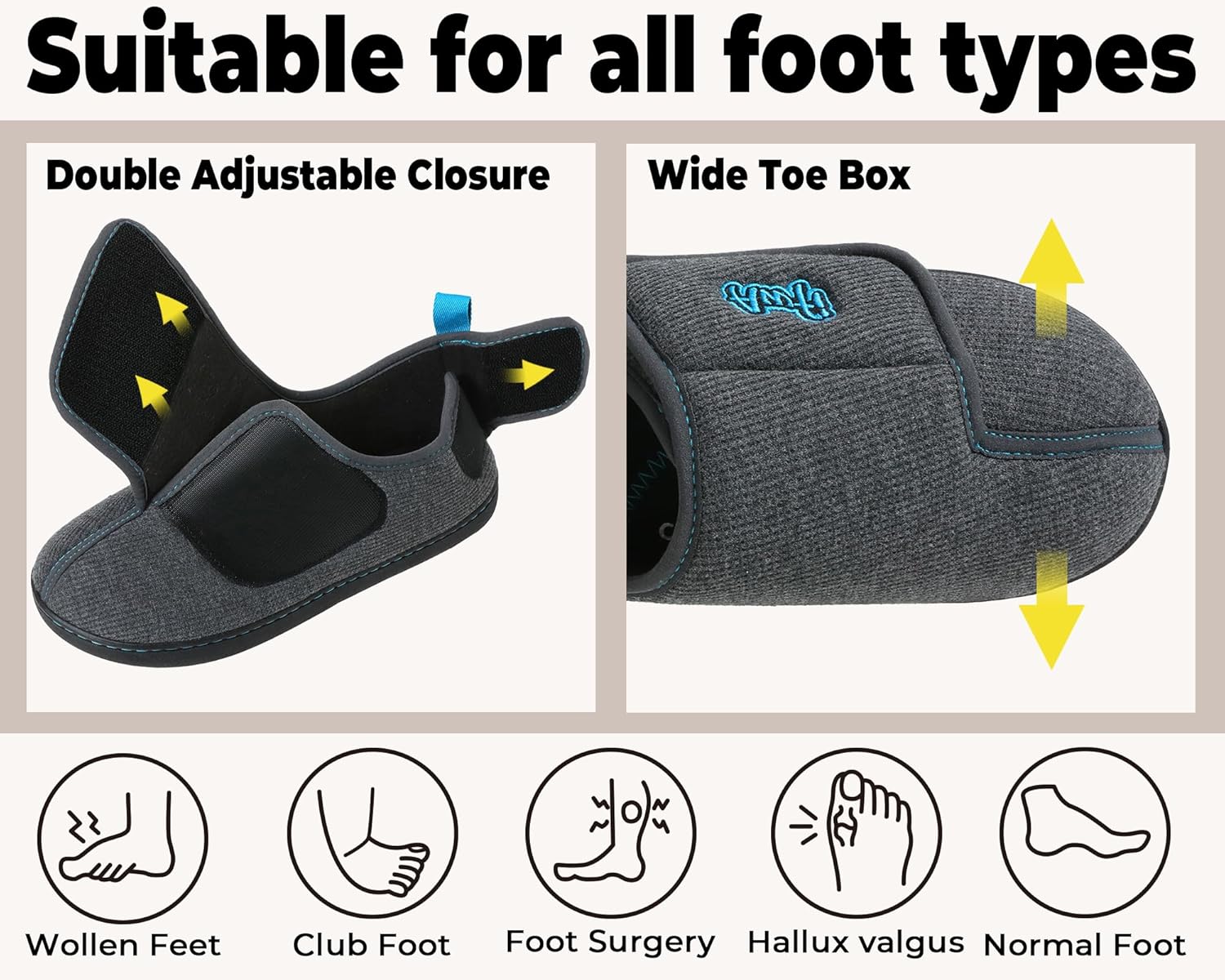 Mens Diabetic Slippers with Arch Support Extra Wide House Shoes Coolmax® Adjustable Slippers for Men Memory Foam Home Slipper Comfy Warm Swollen Edema Feet Indoor Outdoor Slip On Bedroom Shoes | Moisture-wicking | Breathable - Image 5