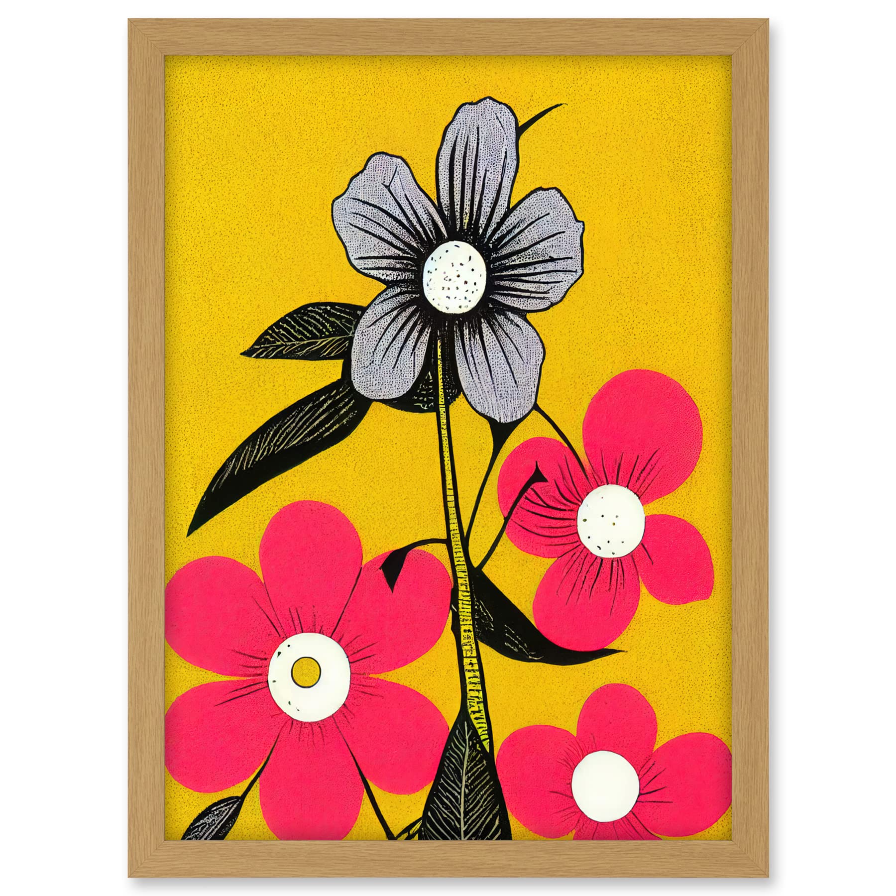 Wee Blue Coo Bold Flowers Linocut Pink and Mustard Yellow Print Artwork Framed A3 Wall Art Print