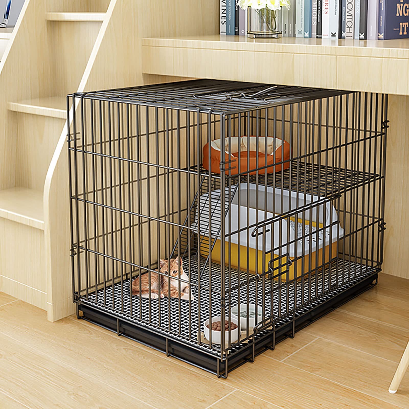 Jaula para Gatos Jaula para Gatos Jaula para Mascotas Perro Gato Cachorro Entrenamiento Caja Plegable de Metal para Perrera con Bandeja, fácil de Transportar y Transportar (Color: Negro, Tam