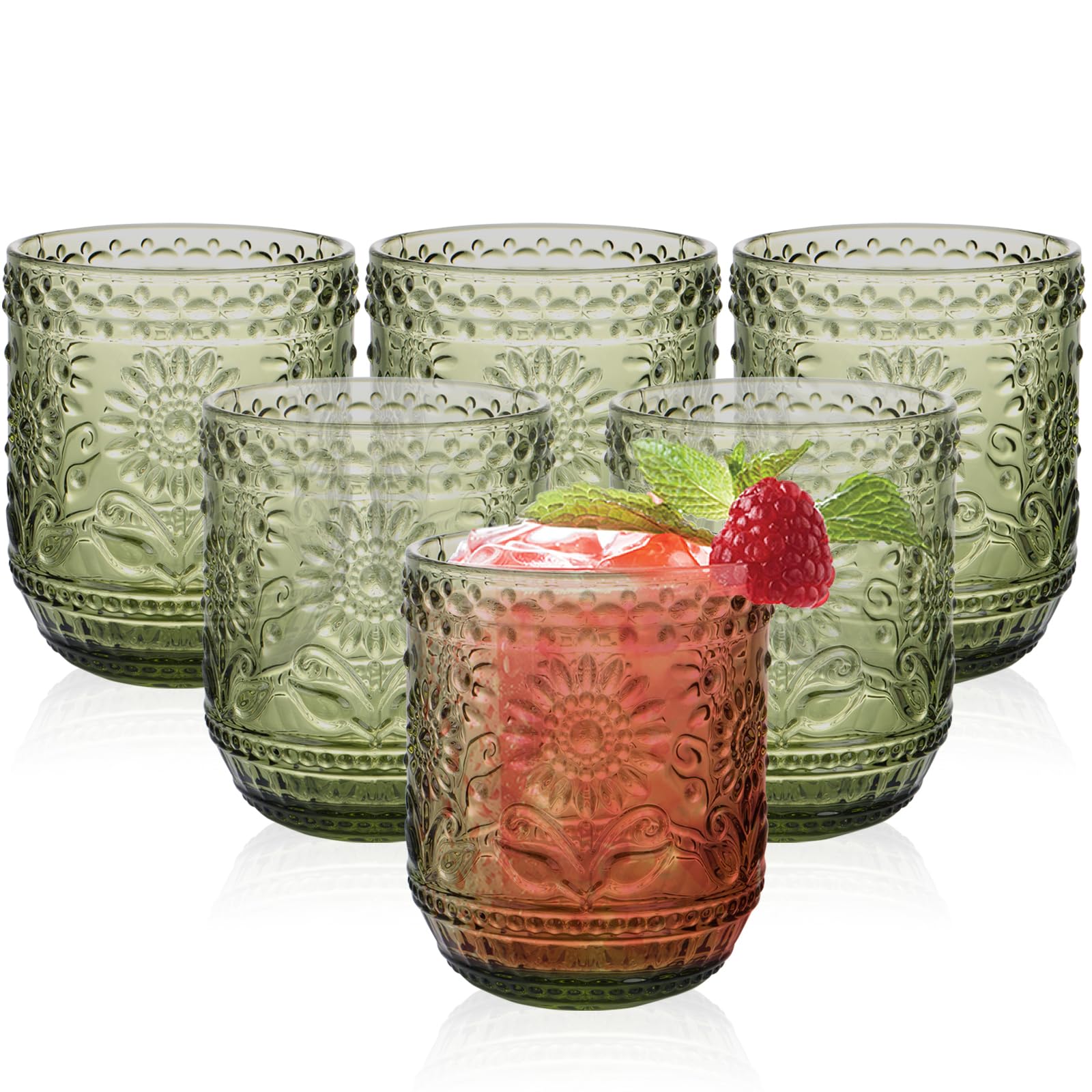 Juego de 6 vasos vintage de 360 ml, vasos decorativos florales en relieve, vasos de agua resistentes para whisky, cerveza, jugo, vino, verde