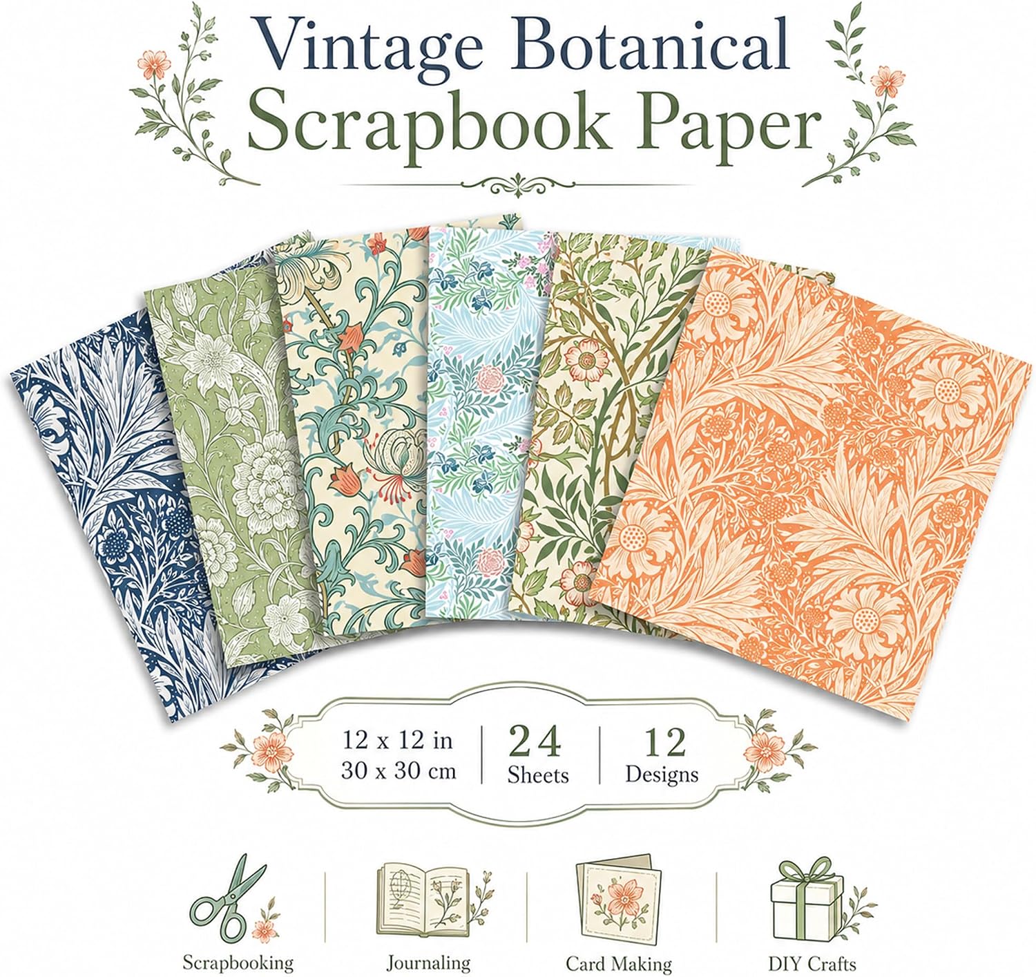 24 Sheets William Morris Pattern Paper 12'' x 12'' Vintage Floral Scrapbook Paper Pad Flowers Double-Sided Scrapbook Pad Retro Flower Scrapbooking Pack for Card Making, Origami, DIY Background