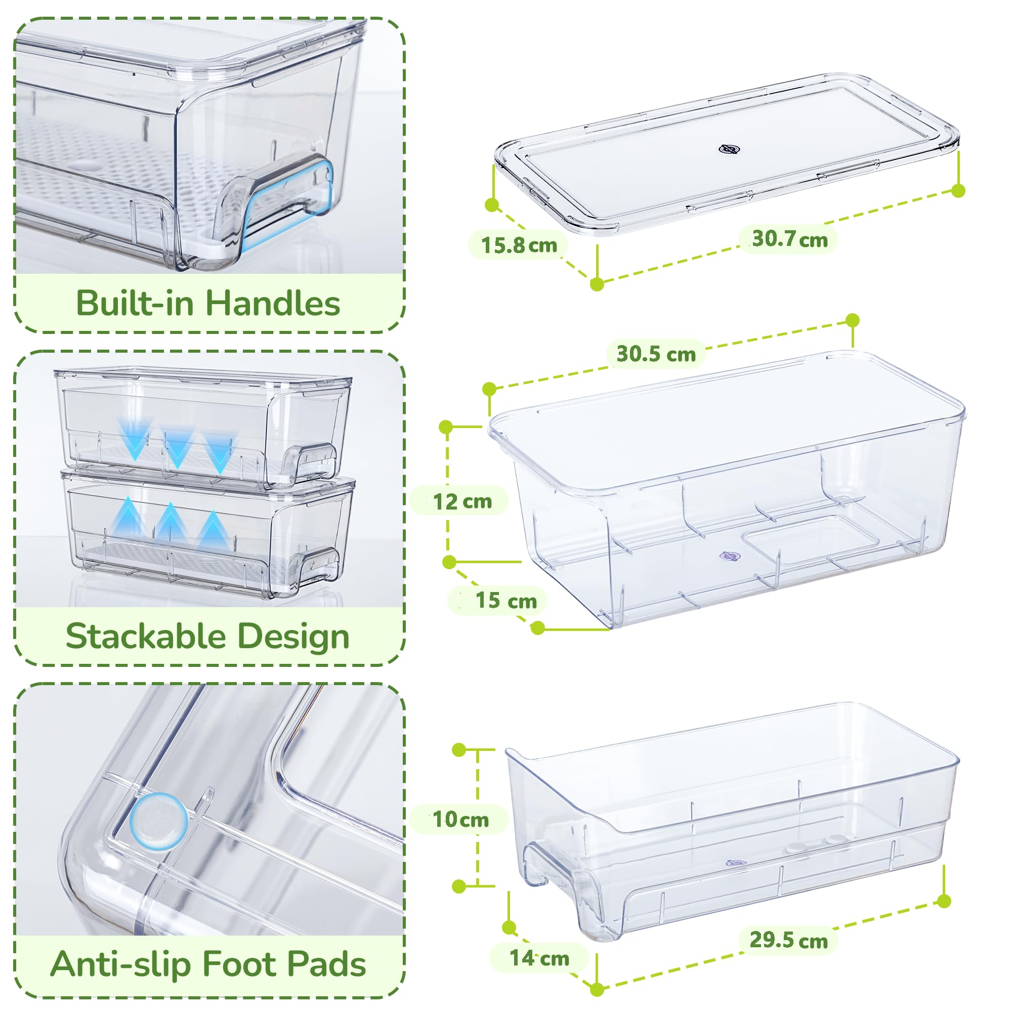 Confezione da 4 organizzatori impilabili per frigorifero, contenitori estraibili per frigorifero, con coperchio, grandi organizer trasparenti per cassetti del frigorifero, congelatore, cucina