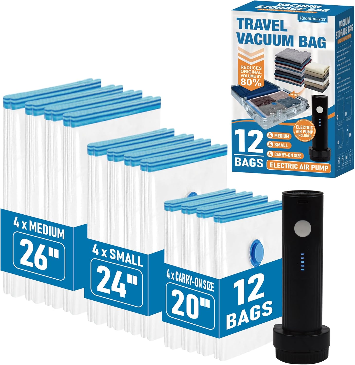 Travel Vacuum Storage Bags with Rechargeable USB Air Pump, Space Saver Vacuum Seal Bags for Luggage, Sealer Compression for Clothes, Comforters, Blankets, Bedding, 12 Combo