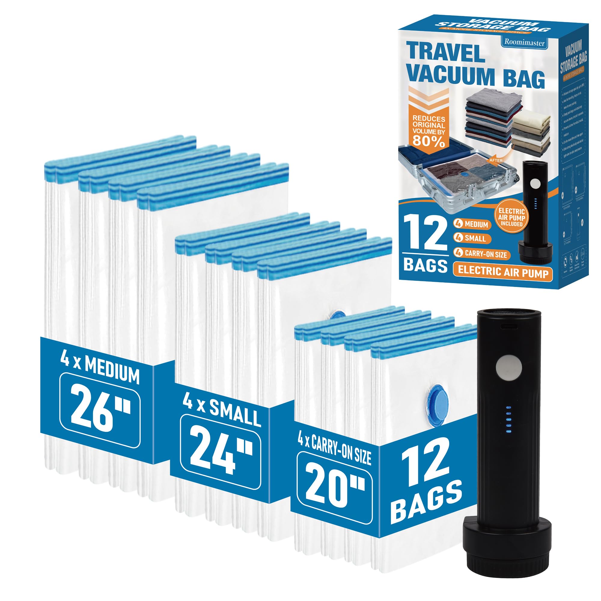 12 Pack Travel Vacuum Storage Bags with Rechargeable Wireless Electric Pump, Travel Packing Bags for Luggage and Suitcase, Carry-on Size Compression