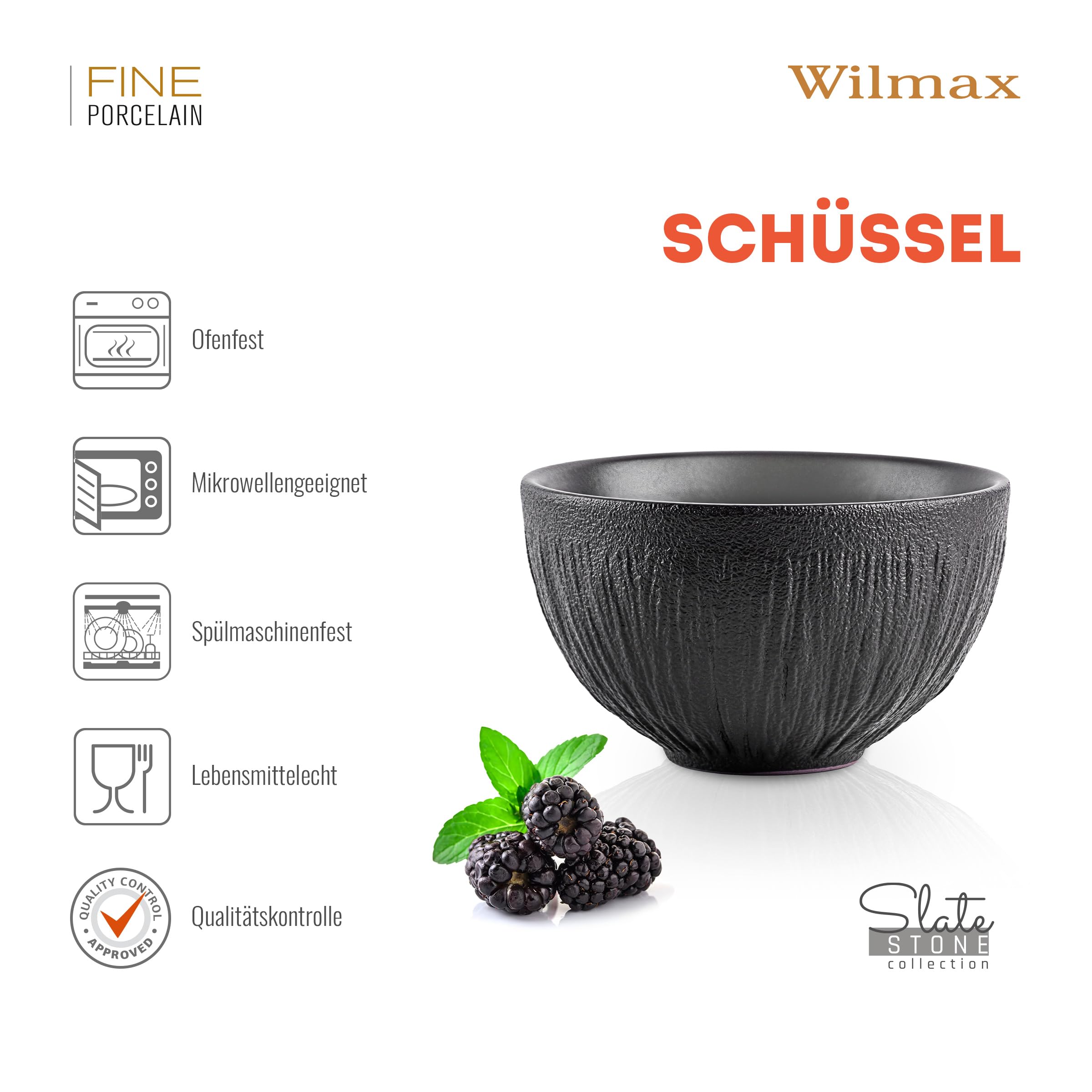 Wilmax - Schale aus Porzellan - 600ml - 6er Set - Salatschüssel - Schwarzer Schüssel für Snacks, Salat -Obstschale - Müsli-Schale - Elegant und Kratzfest - Ideal als Geschenk