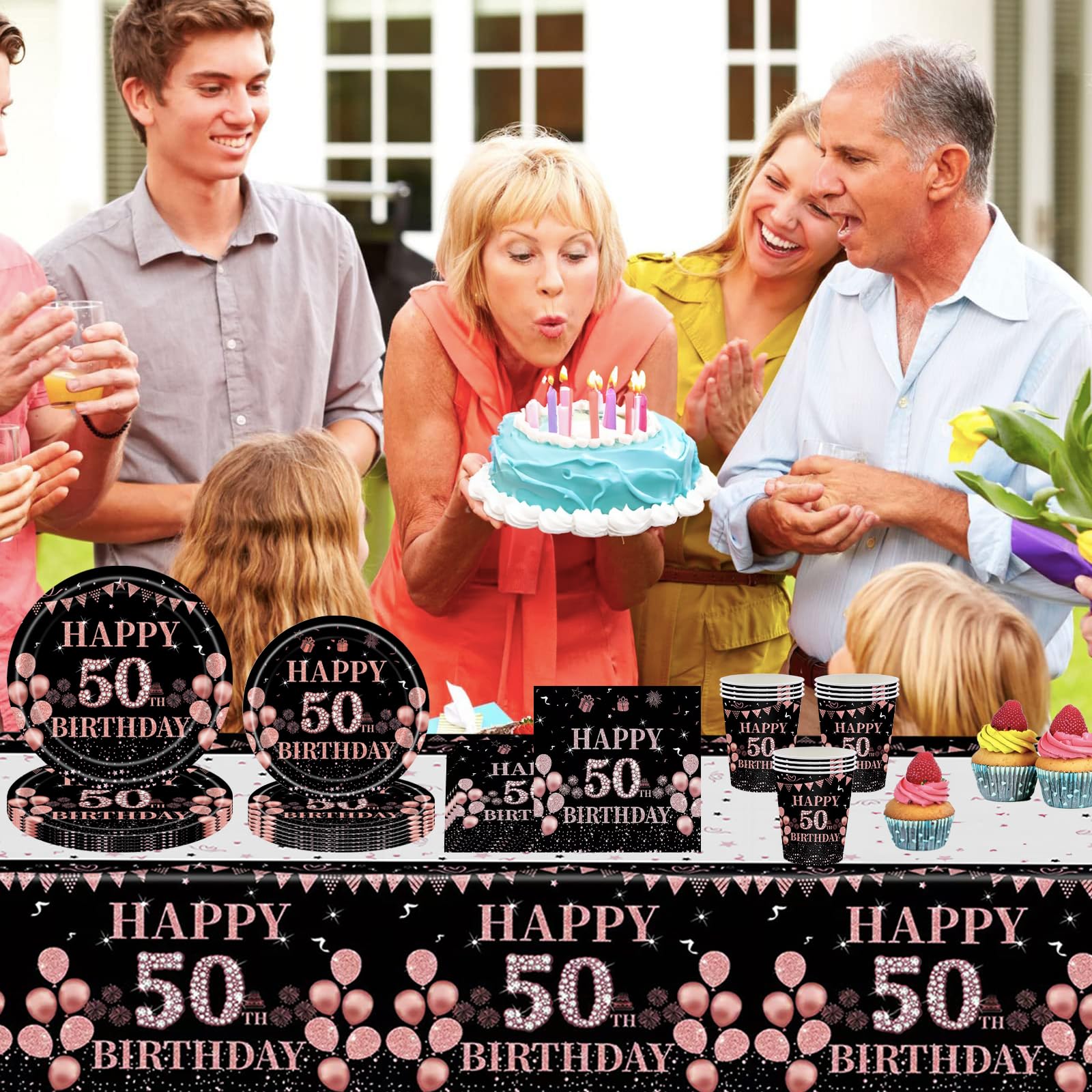 Tovaglia Compleanno 50 Anni Oro Rosa - Set Stoviglie USA E Getta Per Feste 137x274cm