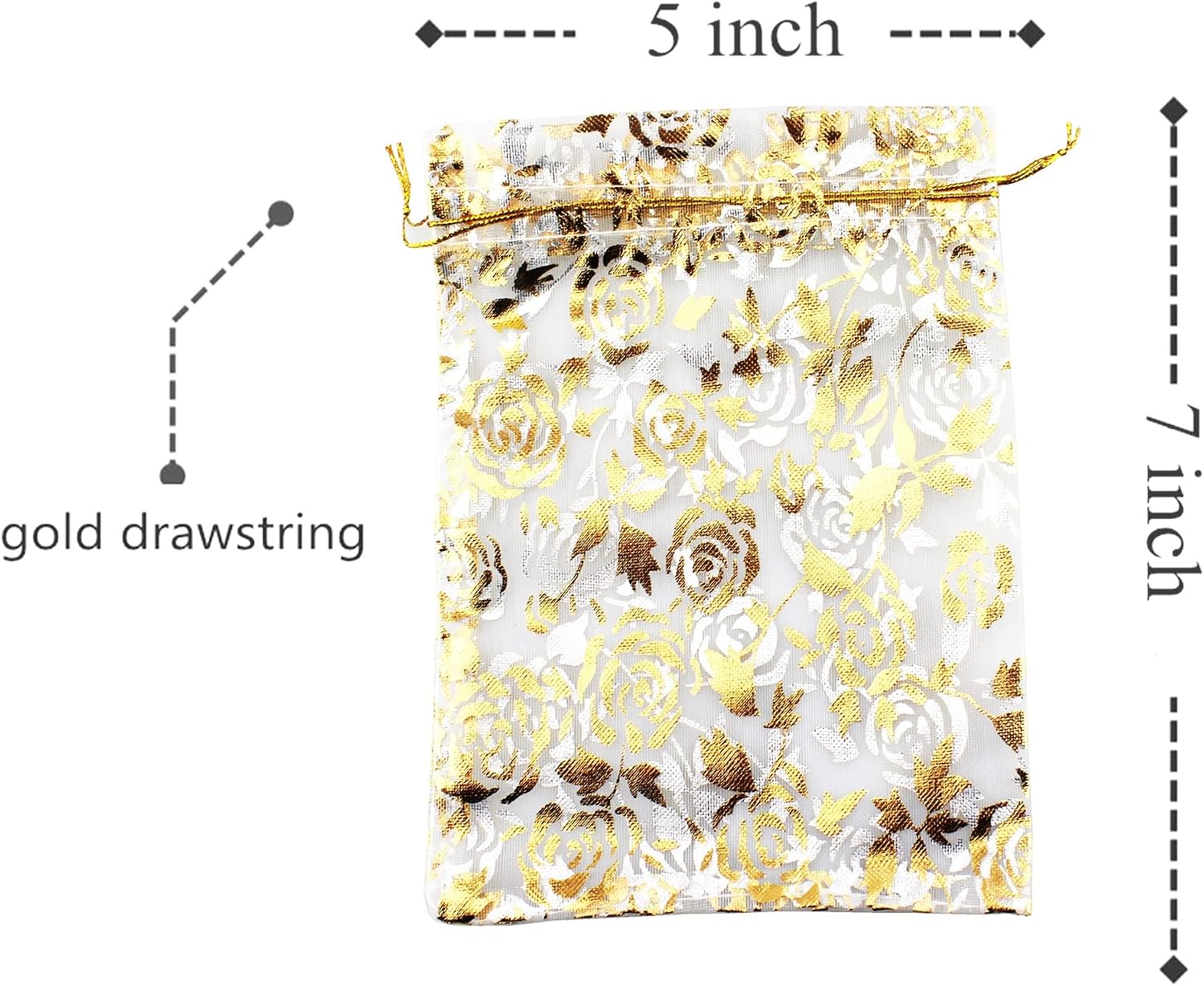 100 Pack 5 x 7 Inch Organza Jewelry Gift Pouch B381, White Gold Flower image 2