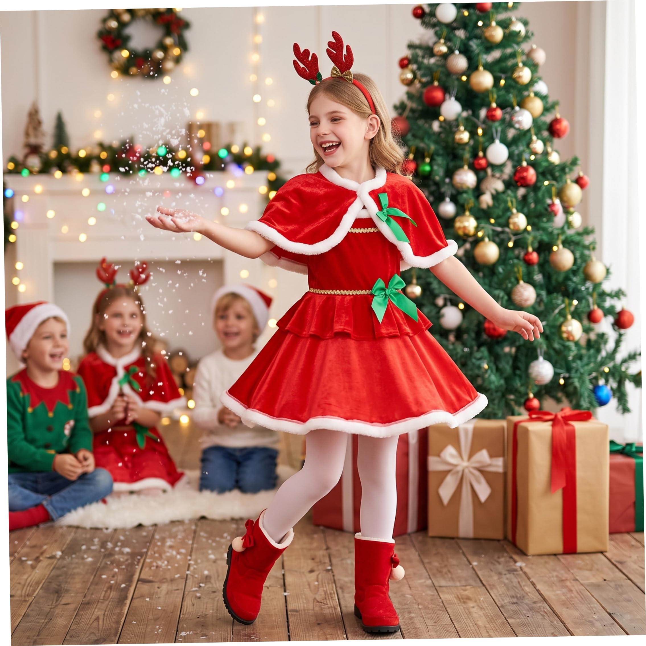 Abiti natalizi per ragazze, costume da Babbo Natale per bambini con fascia per capelli con corna per feste, foto, cosplay, 110 cm