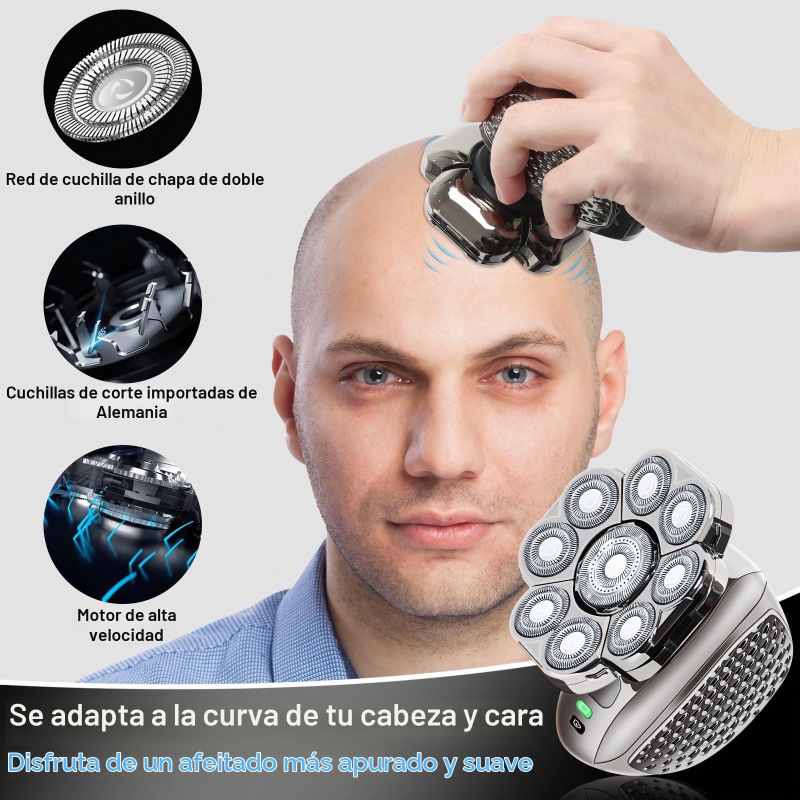 Afeitadora Eléctrica Hombre, 9D 6 en 1 Afeitadora Cabeza para Calva Recargable Maquina de Afeitar Hombre Calvo Impermeable en Seco y Húmedo Afeitadora de Cabeza para Calva Barba Nariz Orejas Corporal