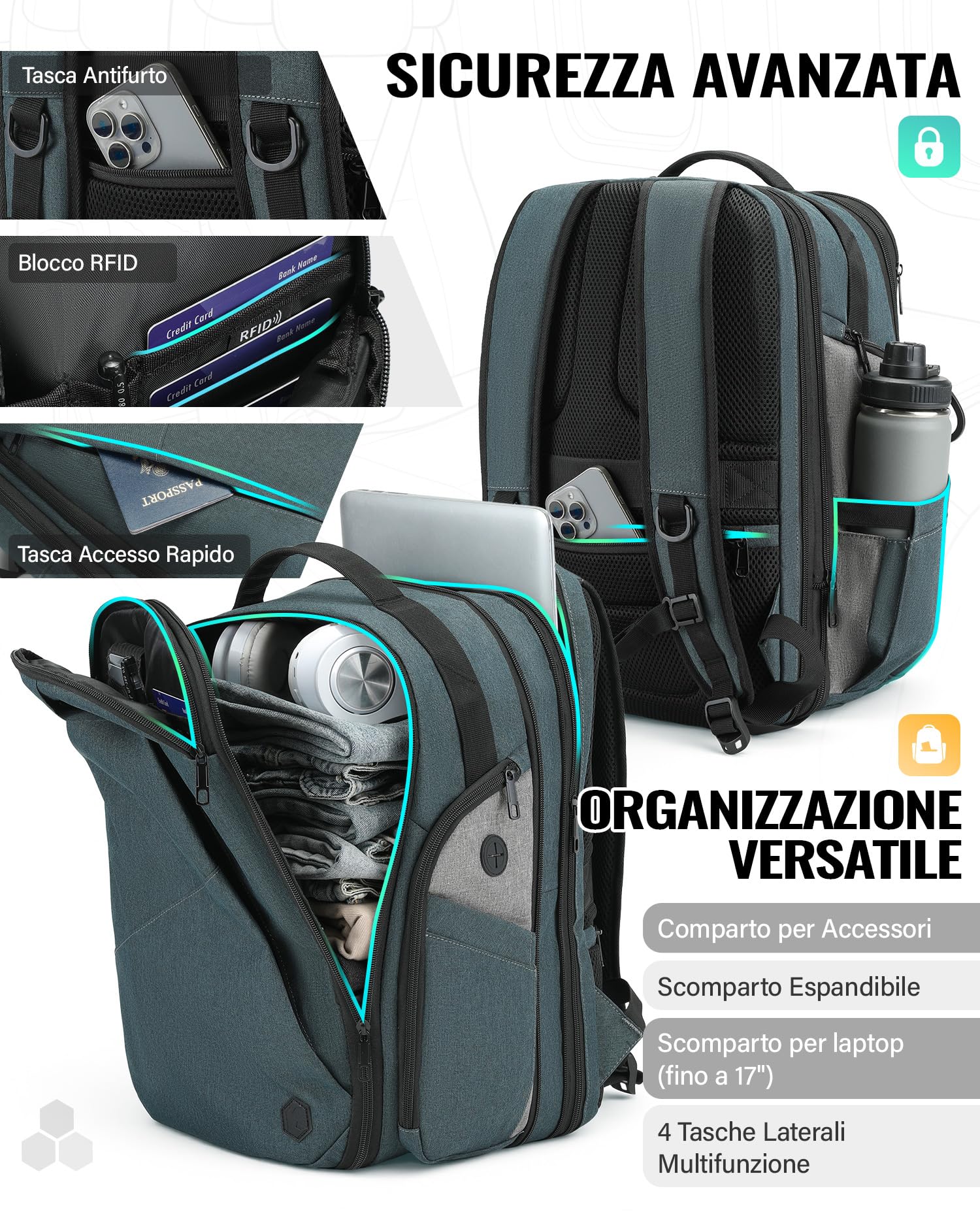 VANKEV Zaino da Viaggio Espandibile Bagaglio a Mano per EasyJet Borsa PC | 30L-38L, Grande Capacità, Zaino Leggero per PC 17 Pollici, Borsa da Viaggio Casual per Uomo e Donna, Blu Ardesia Quantistica