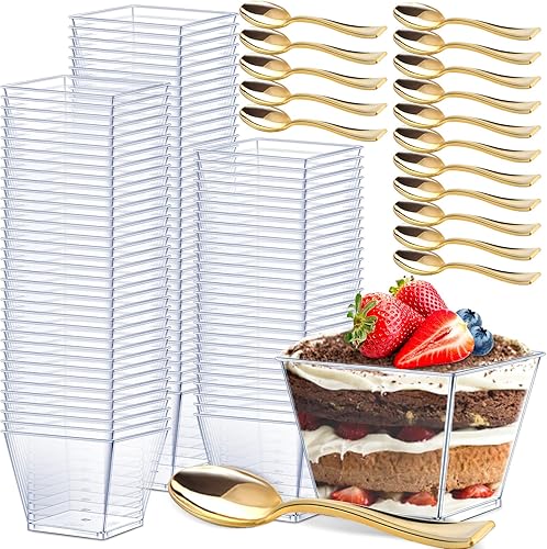 Dingion Juego de 400 tazas de postre de plástico de 4 onzas con cuchara, 200 tazas cuadradas de mousses y 200 cucharas de degustación con purpurina