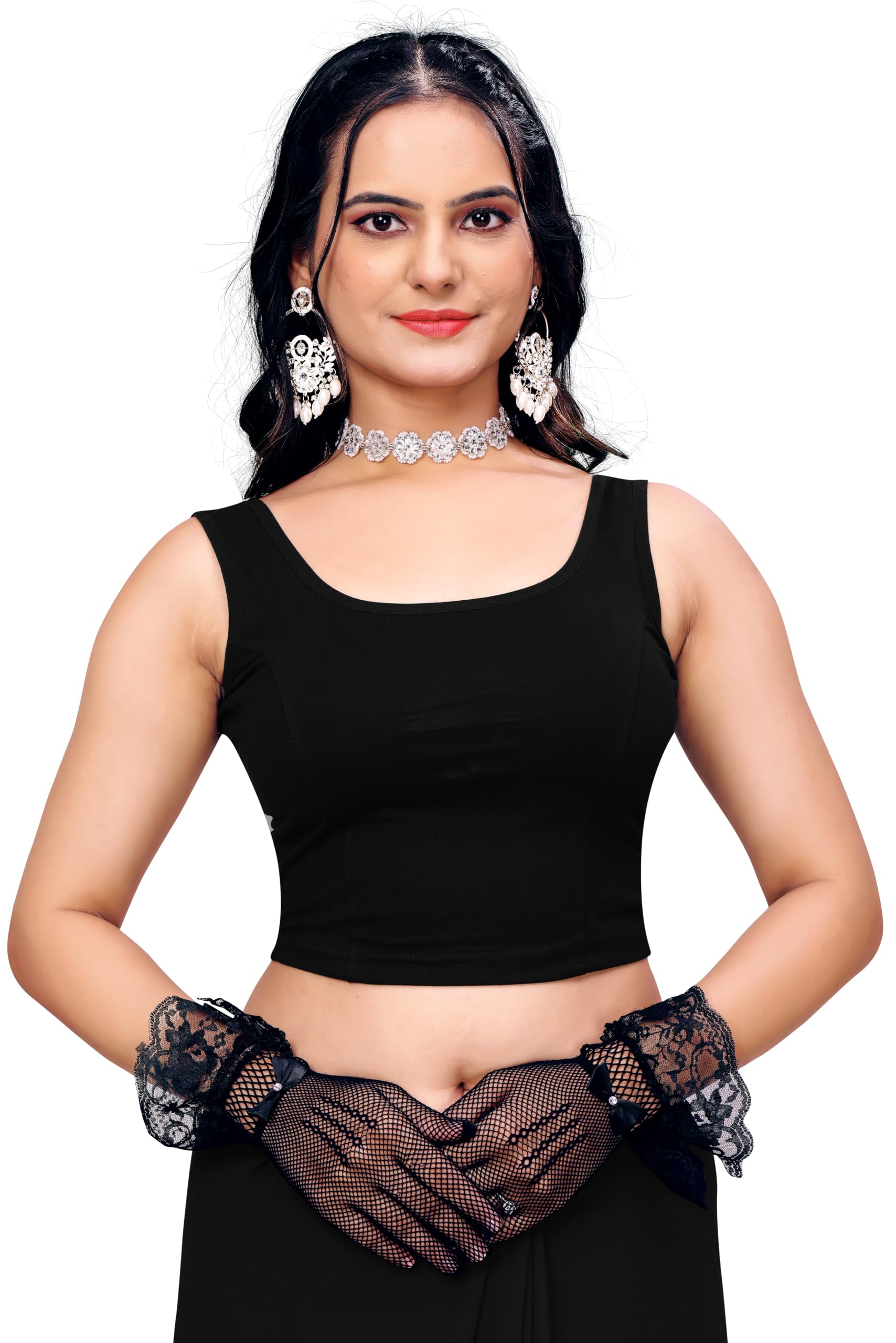 Readymade Saree Blouse for Women- Sleeveless, Round Neck, Regular-fit, Stretchable, Pull-on Style Blouse, Black, L-picture-34