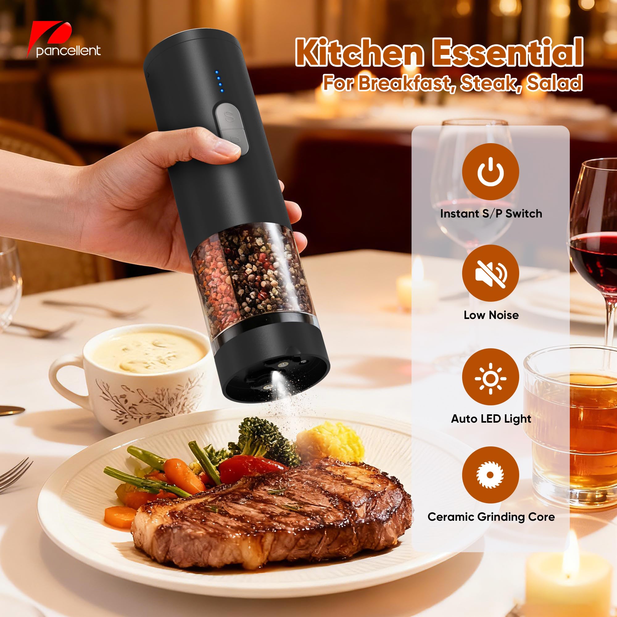 Moulin à poivre et sel électrique 2 en 1 rechargeable USB, automatique avec éclairage LED, réglable