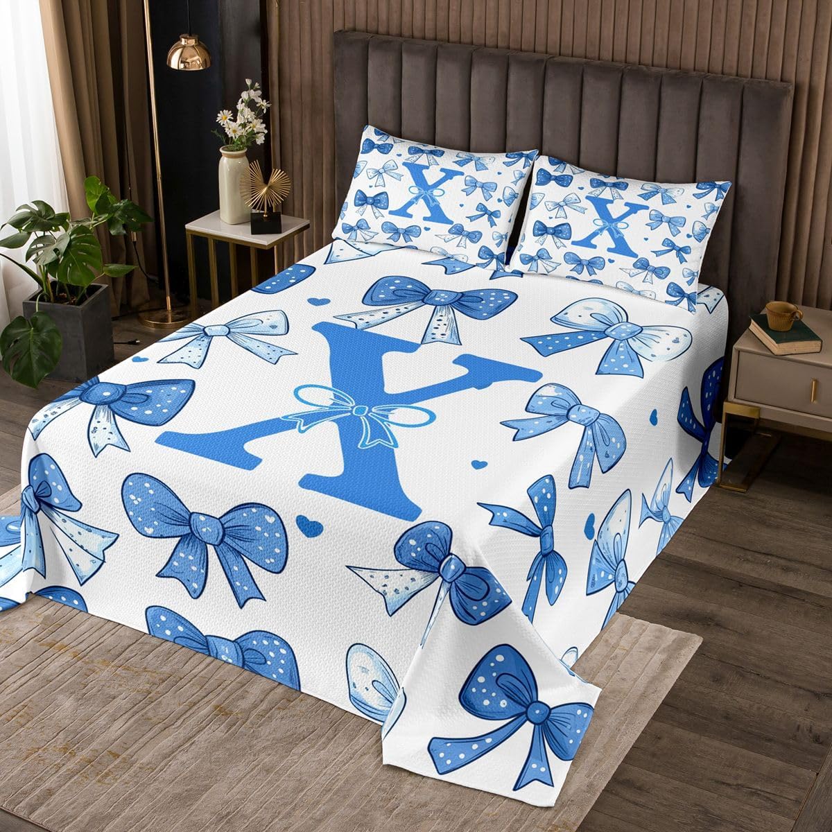 Feelyou Blue Bow Bedspread 3 Pieces Queen Size Cute Coverlet Set Soft Cozy Kawaii Lightweight Quilted Coverlet for All Season with 2 Pillowcases Princess Bowknot Ribbon Bow Knot