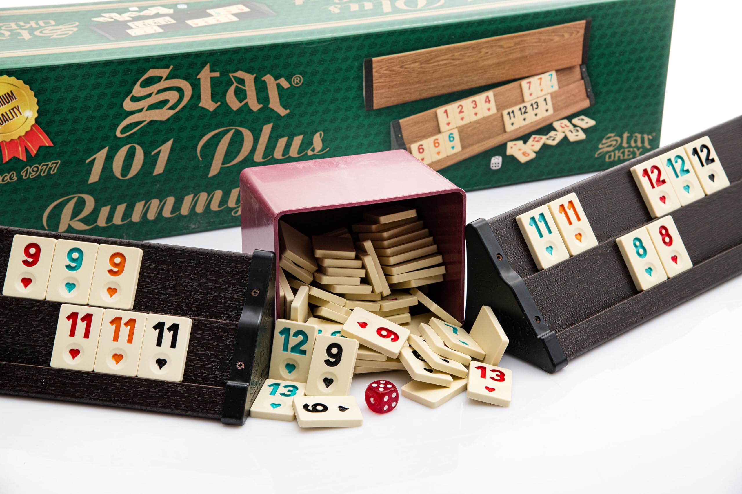 Rummy Spiel Set aus Holz mit Melamin Steinen | Rommé Star Okey 101 Plus Gesellschaftsspiel Legespiel mit Würfel