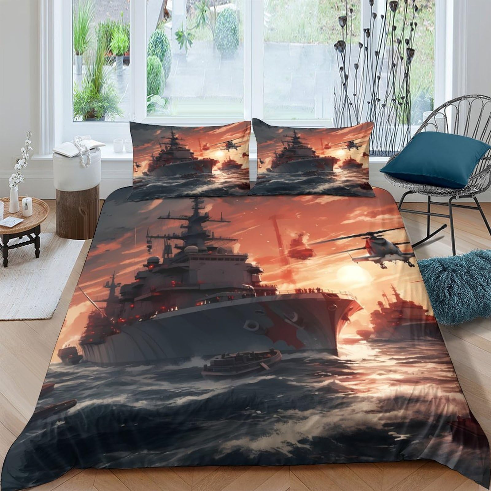 Ctjqhvkz Style-4 3D Printed Battleship Sunset Fitted Sheet Microfiber Soft Anti-Slip Warship Bed Cover For Bedroom Guest Room Decor Single（135X200cm）