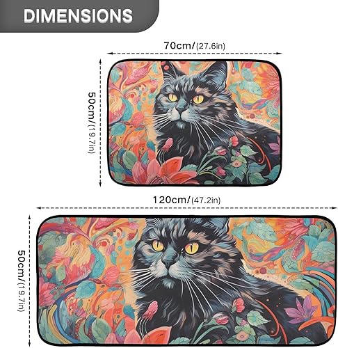 Miniatura 3 de Juego de 2 alfombrillas de cocina de gato negro para pintura, alfombras de cocina de pelo bajo, acolchadas, absorbentes de agua, lavables, para
